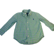 Ralph Lauren toddler boys plaid button-down shirt in green and blue, size 2/2T, with classic collar and long sleeves.