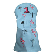 Light blue faux leather flamingo and palm tree golf driver headcover, unbranded, designed to protect golf club drivers.