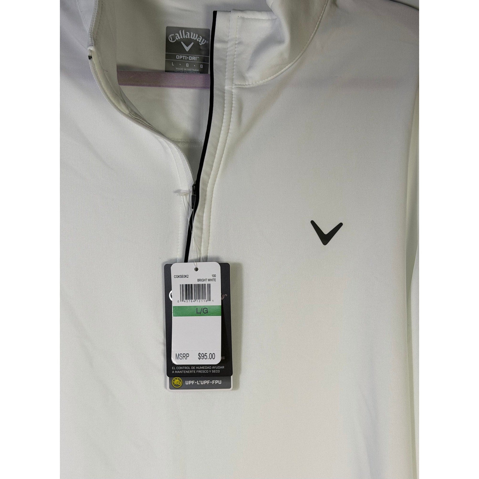 Callaway women's white Opti-Dri quarter zip golf sweatshirt, size L, showing front view with collar and zipper detail.