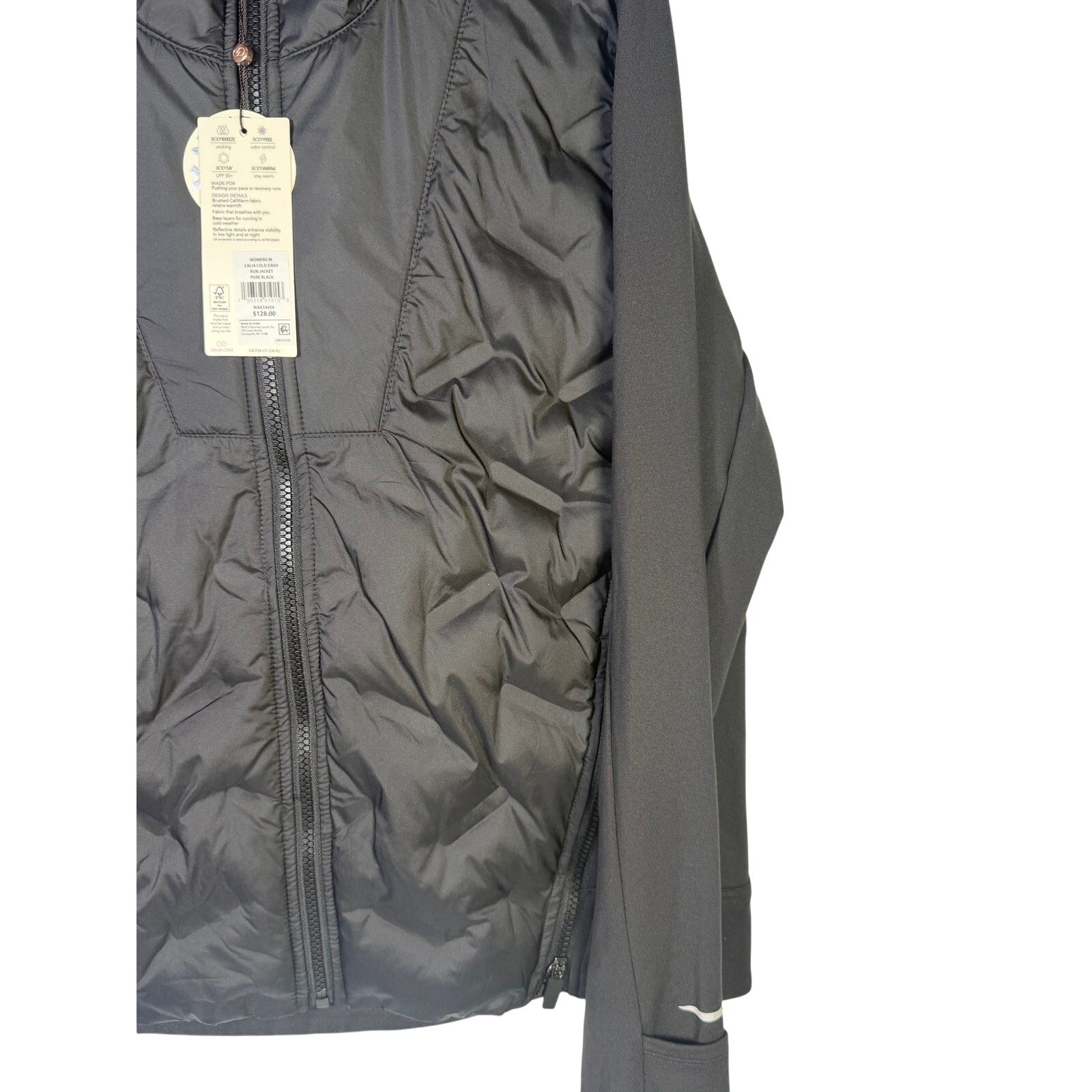 CALIA women's Cold Dash Run jacket in pure black, size medium, featuring a quilted design and lightweight, breathable fabric.