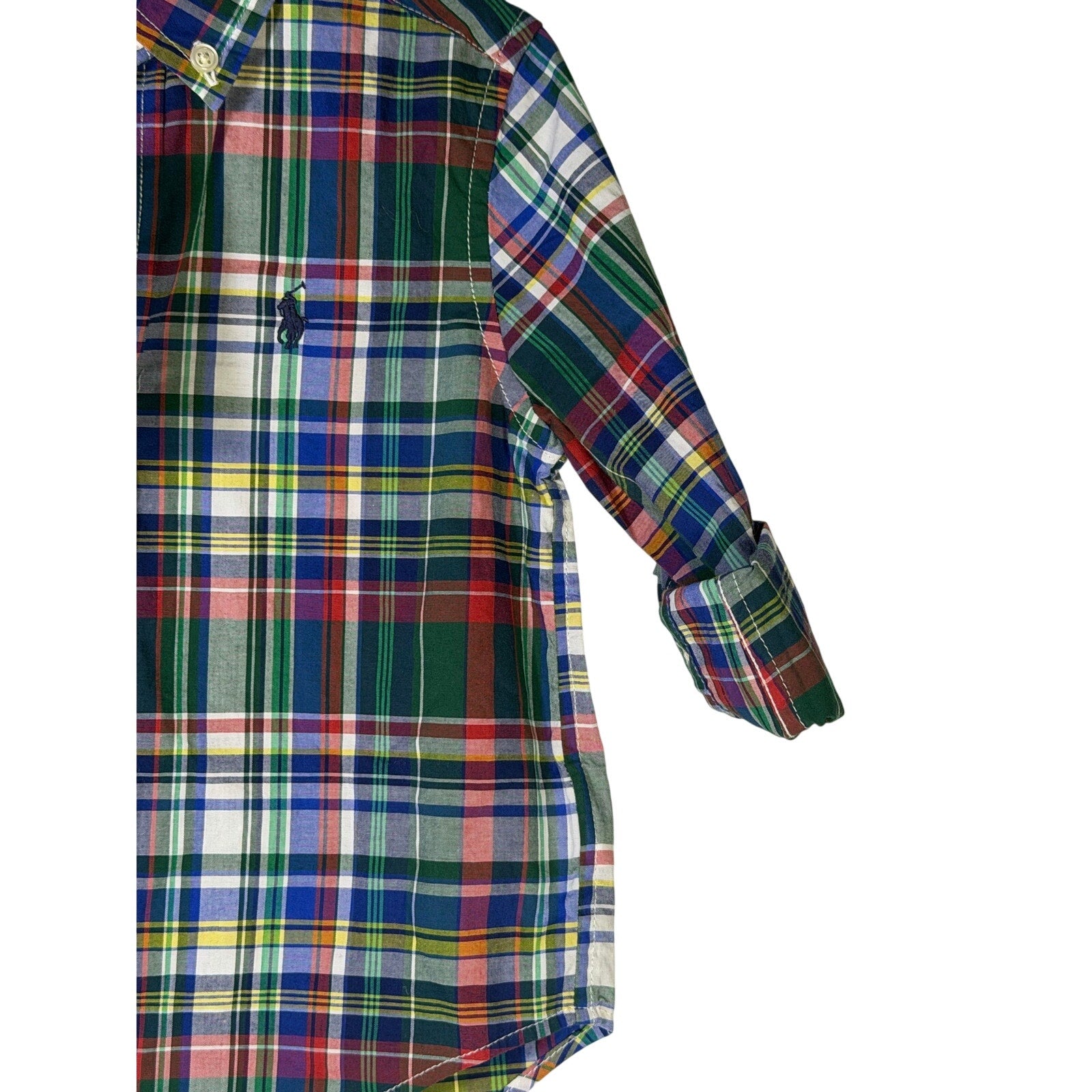 Ralph Lauren boys plaid shirt and khaki chino shorts outfit set, size 2T, featuring classic Ralph Lauren style and casual clothing.