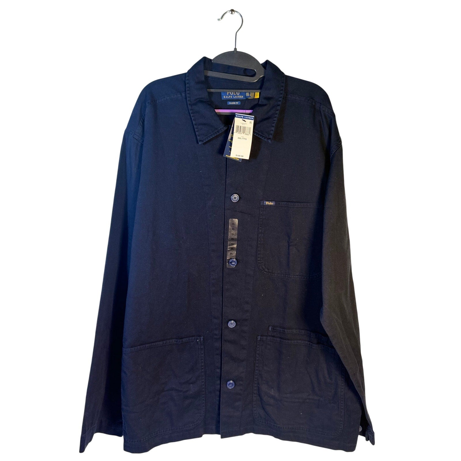 Polo Ralph Lauren men's navy classic fit chore jacket with button front, XXL size, displayed on a hanger.
