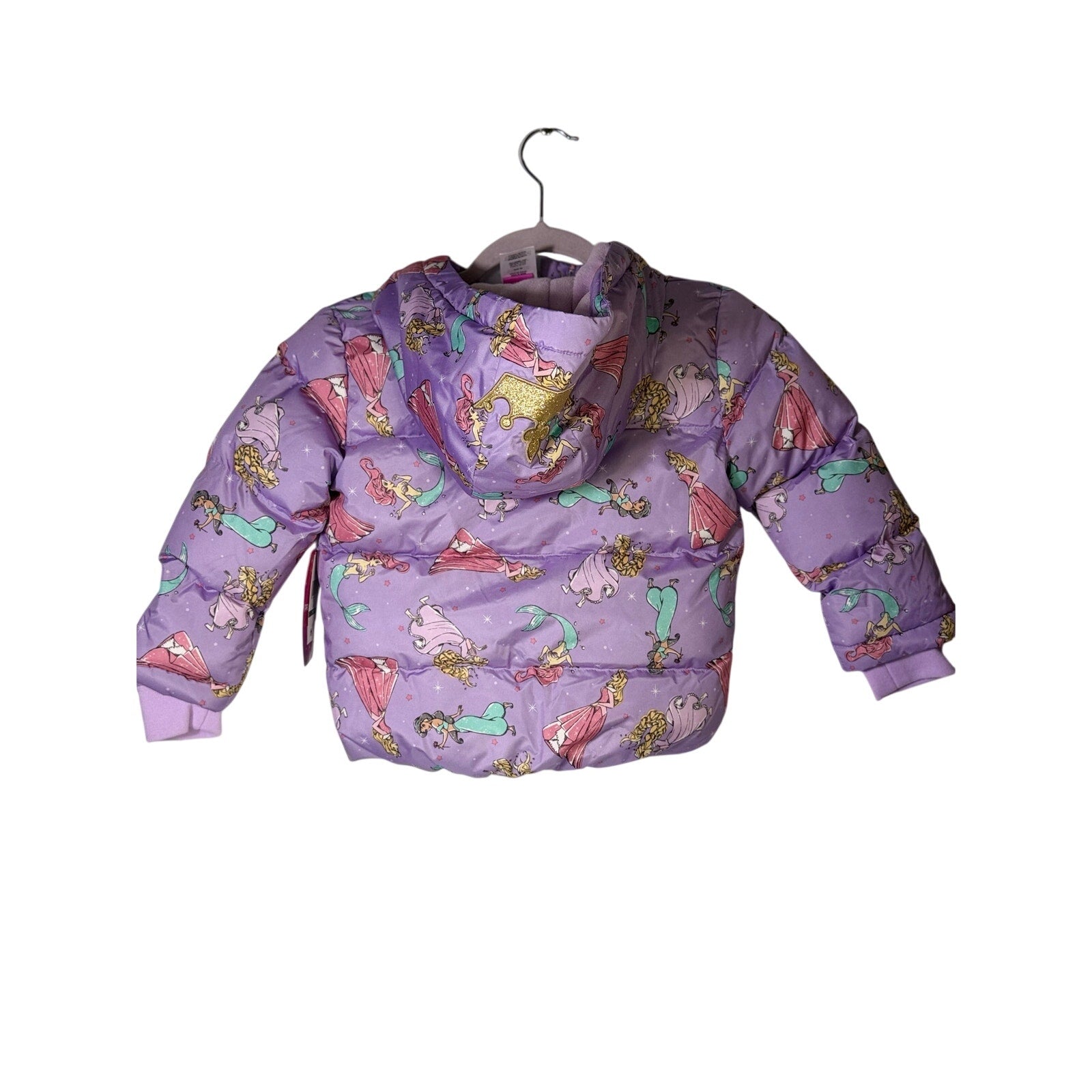 Disney Princess girls' purple hooded puffer jacket, size 5T, featuring a cozy hood and quilted design, perfect for winter.