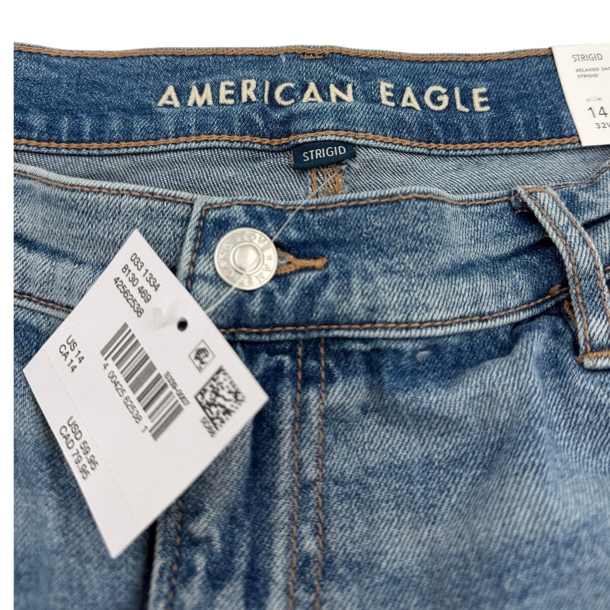American Eagle women's rigid denim jeans in size 14, shown hanging with front pockets and classic blue wash.
