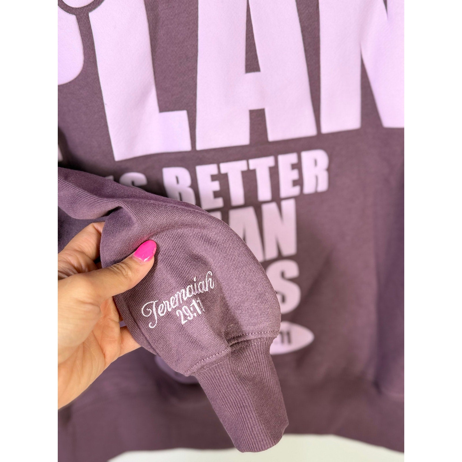 Revival Club women’s mauve purple hoodie with “God’s Plan Jeremiah 29:11” text, casual fit, soft fabric, front view.