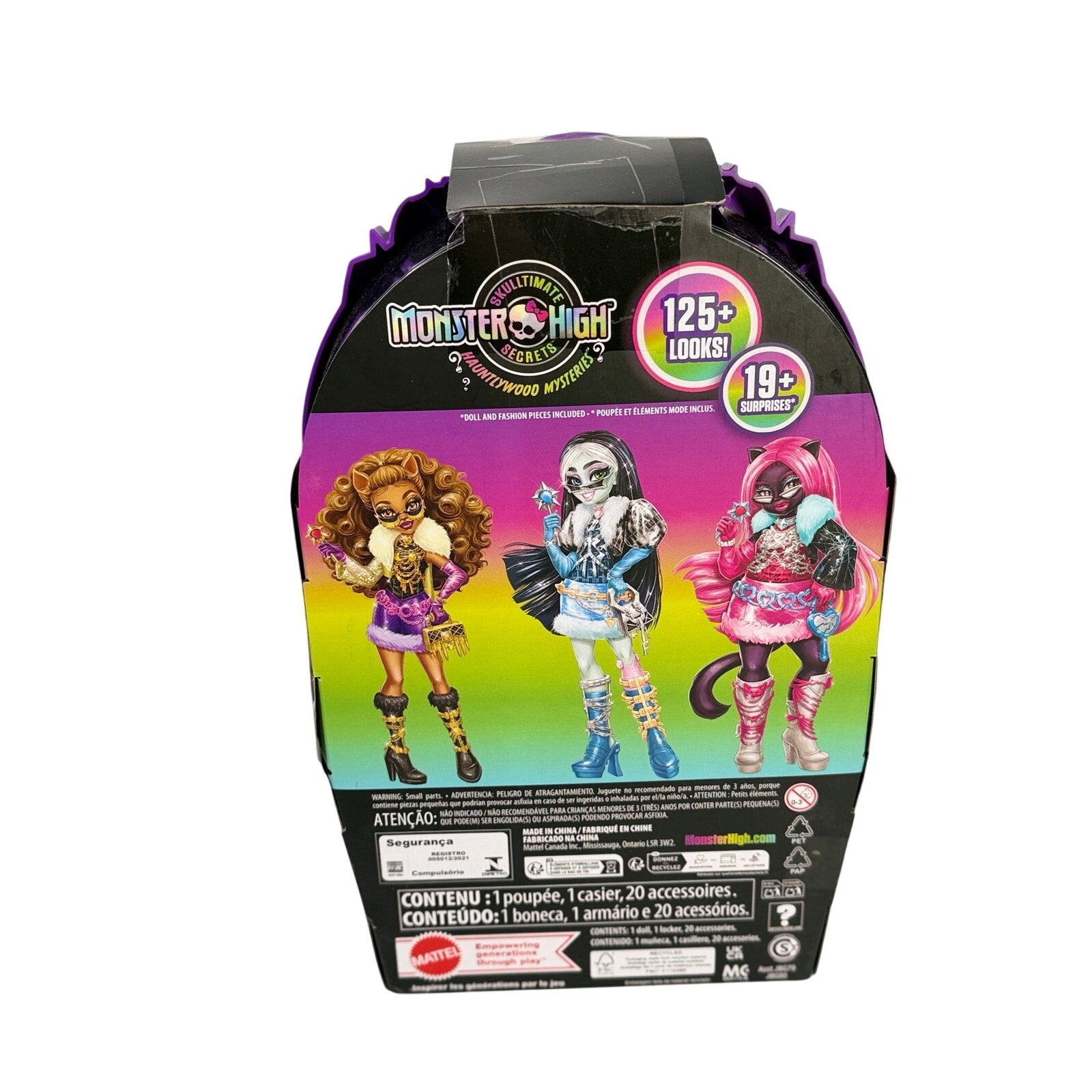 Monster High Skulltimate Secrets Clawdeen Wolf doll with neon accents, showing 125+ looks, new in box.