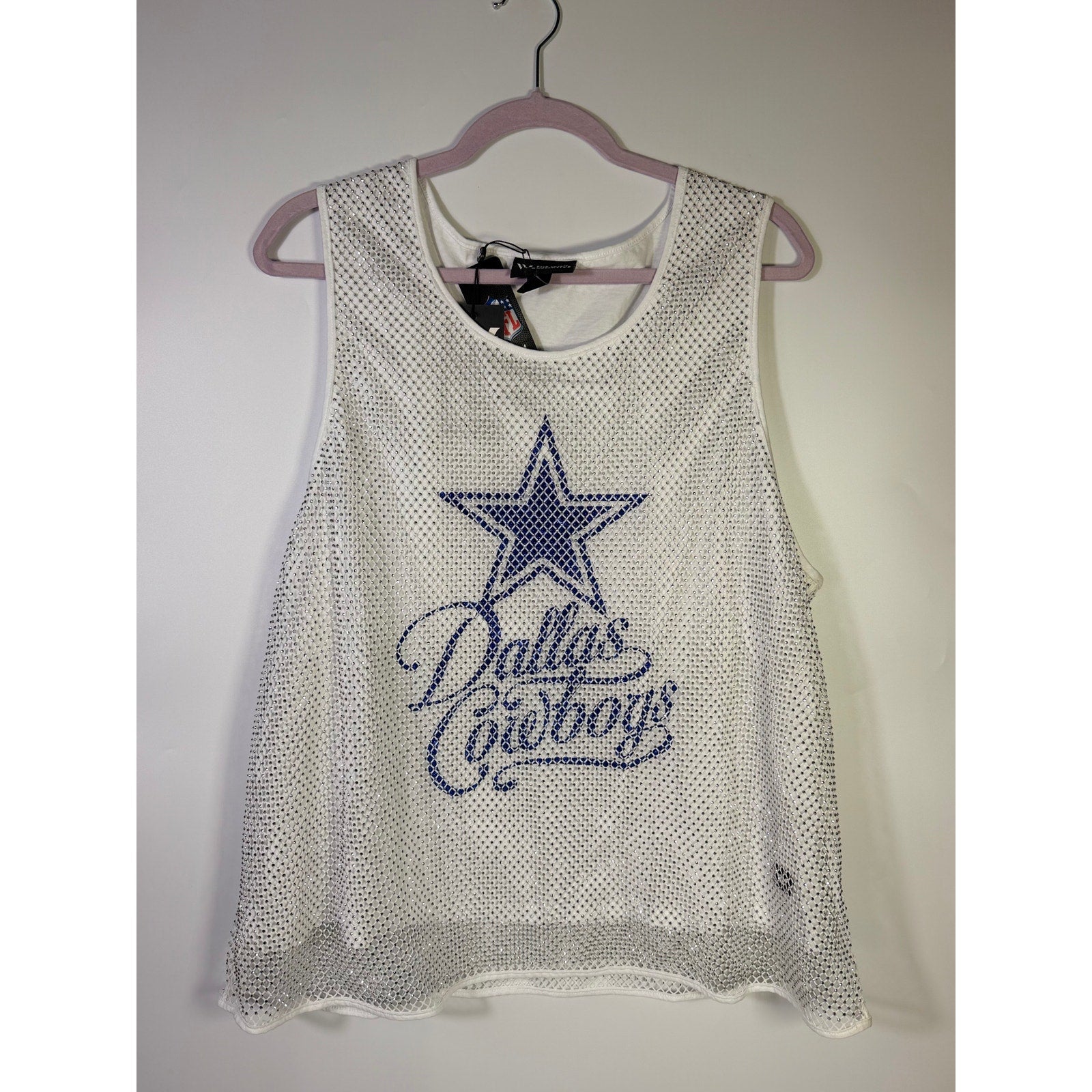 White women's WEAR by Erin Andrews Dallas Cowboys jeweled mesh tank top, 2XL size, featuring sparkling embellishments and mesh fabric.
