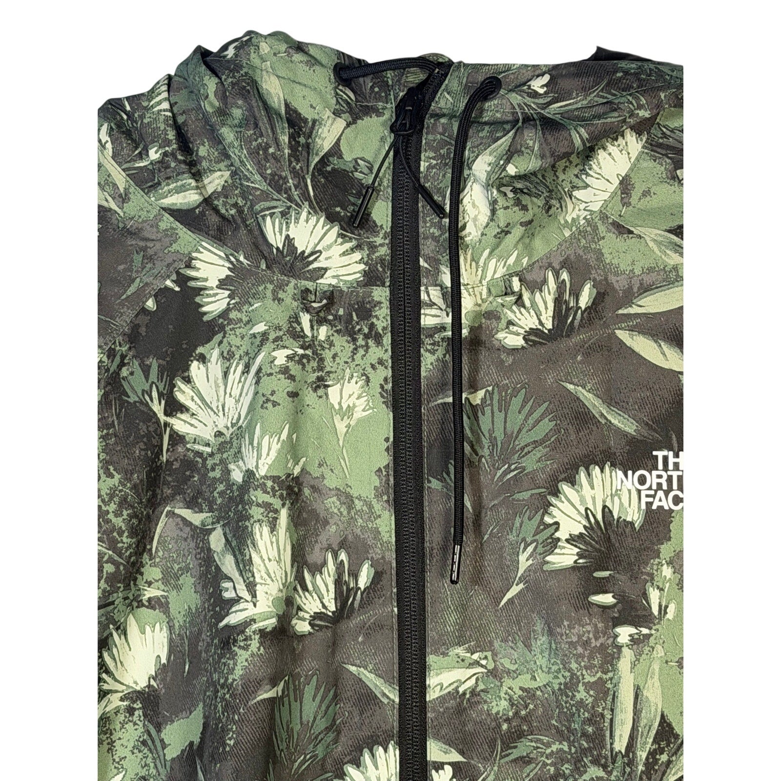 The North Face men's Antora rain hoodie in XXL, duck green prairie print, lightweight waterproof jacket with hood.