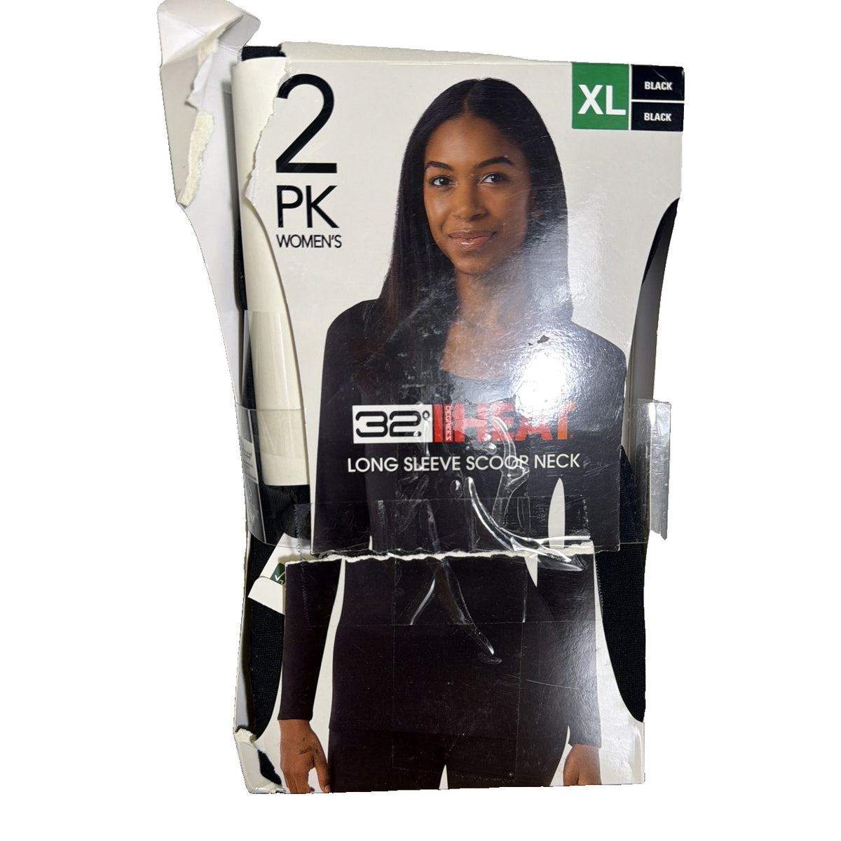 Pair of black 32 Degrees Heat women's long sleeve scoop neck base layer shirts in size XL, shown laid flat.
