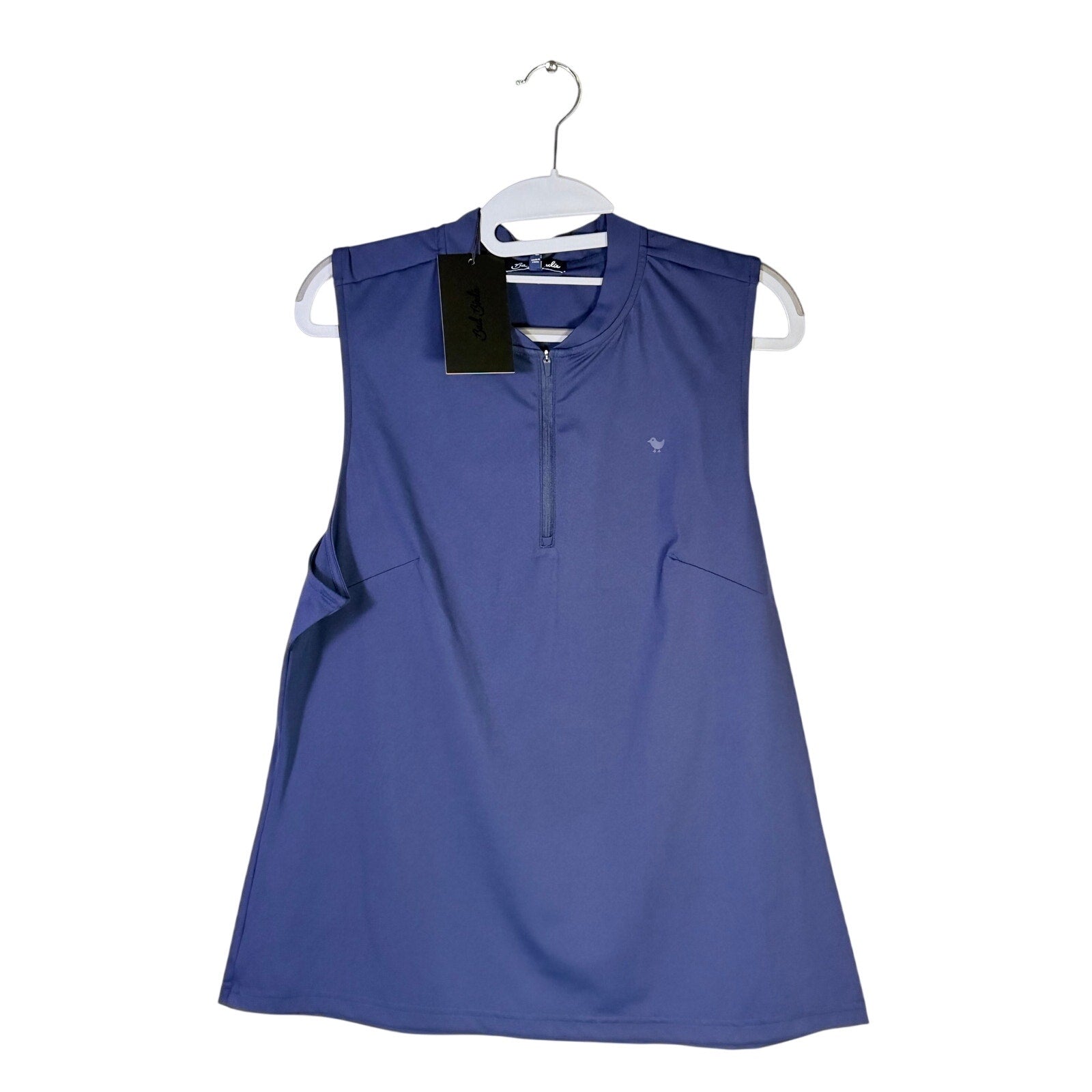 Bad Birdie women's blue sleeveless golf tank top with quarter-zip front, perfect for activewear and golf attire.