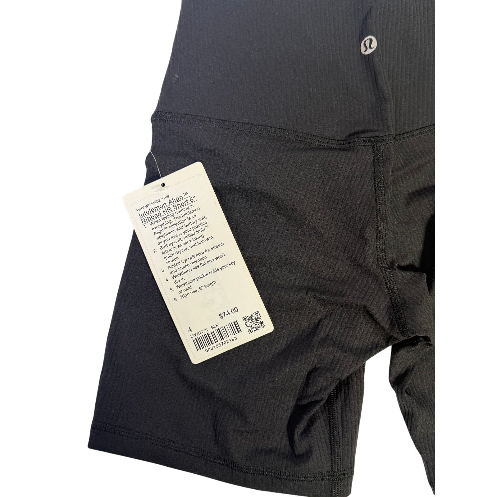 Lululemon Align Ribbed High-Rise Shorts 6-inch in black, women's size 4, laid flat showing ribbed fabric and high-rise fit.