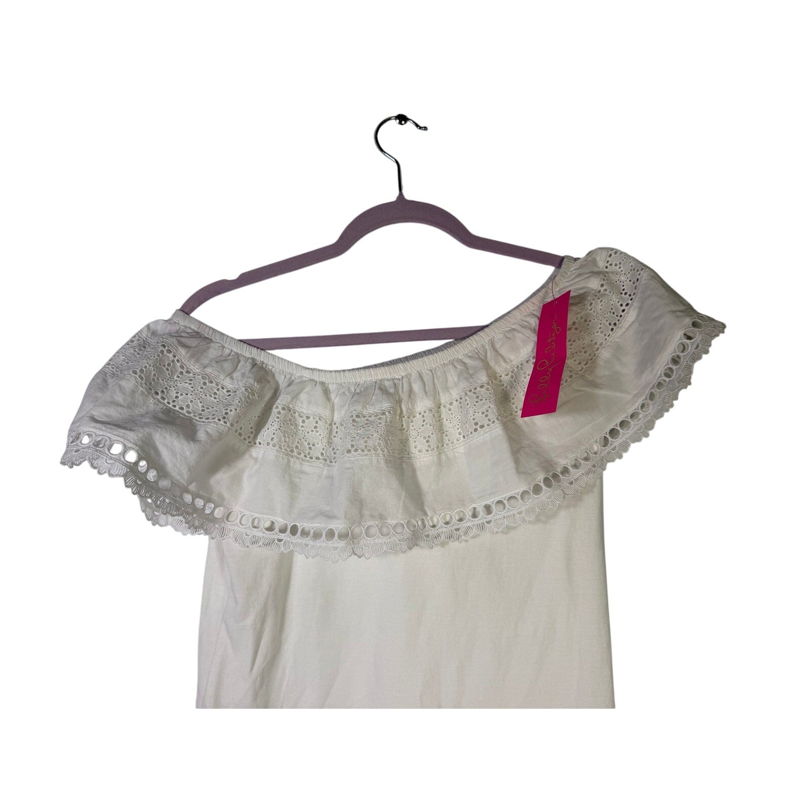 White Lilly Pulitzer Tracee off-shoulder eyelet top for women, small size, featuring feminine eyelet detailing and a stylish off-shoulder design.