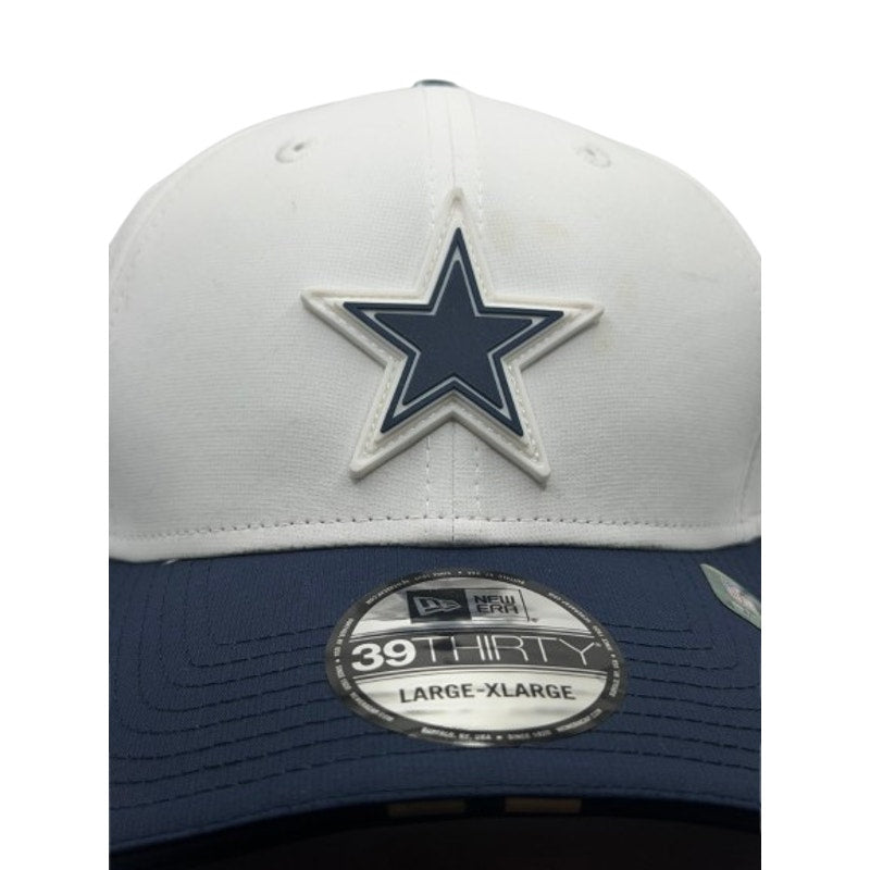 White and navy Dallas Cowboys NFL New Era 39THIRTY hat with large-XL size, structured fit, and team logo on front.