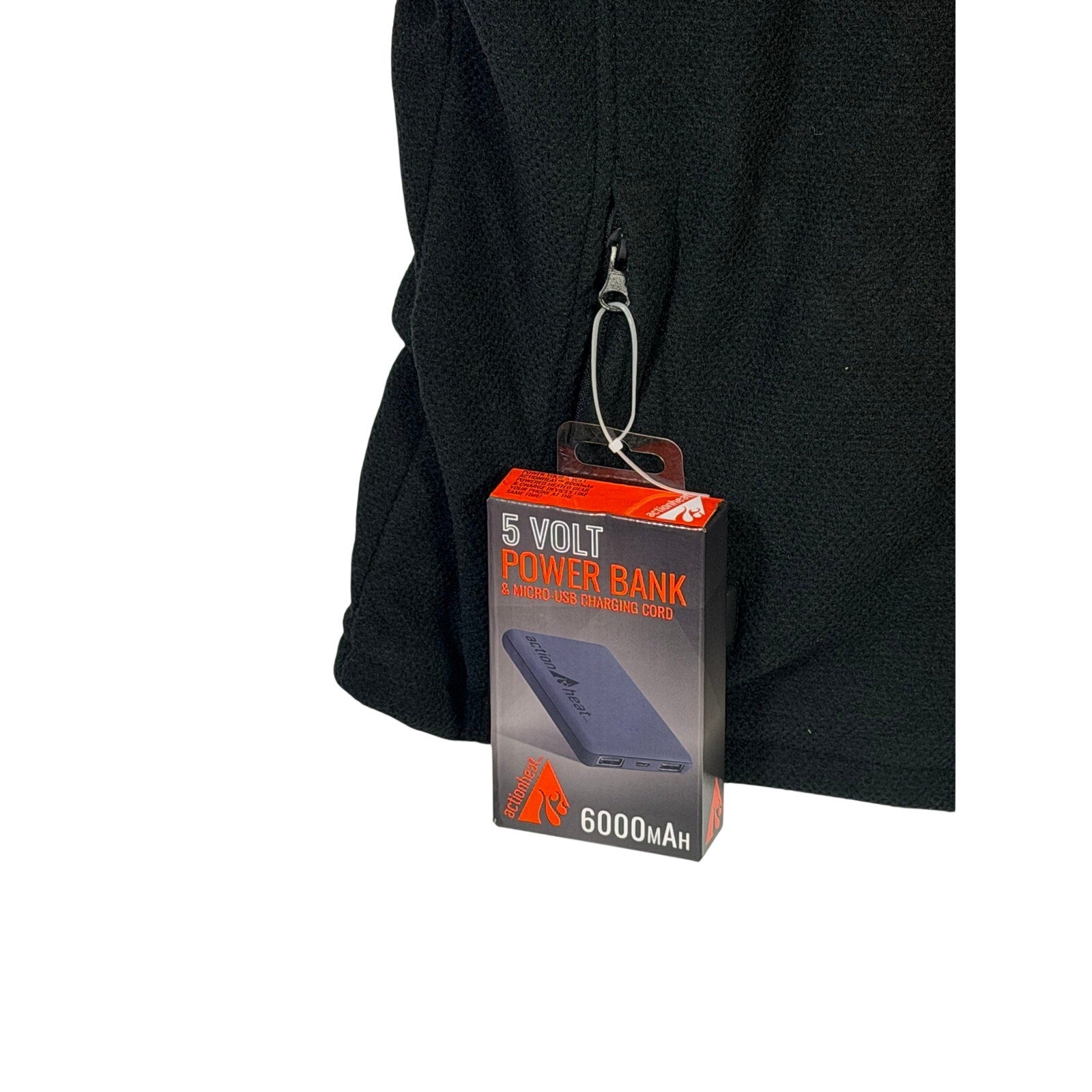 ActionHeat men's black rechargeable heated fleece vest with 5V power bank, size L, displayed on a hanger.