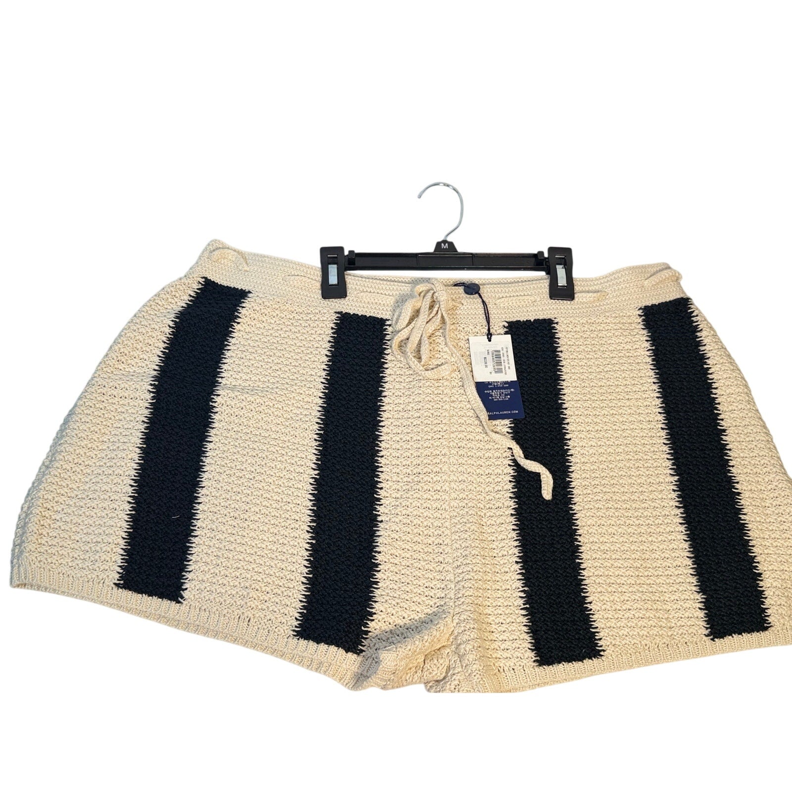 Cream and navy Polo Ralph Lauren cotton linen striped knit shorts for men, showing the waistband and relaxed fit in XL size.
