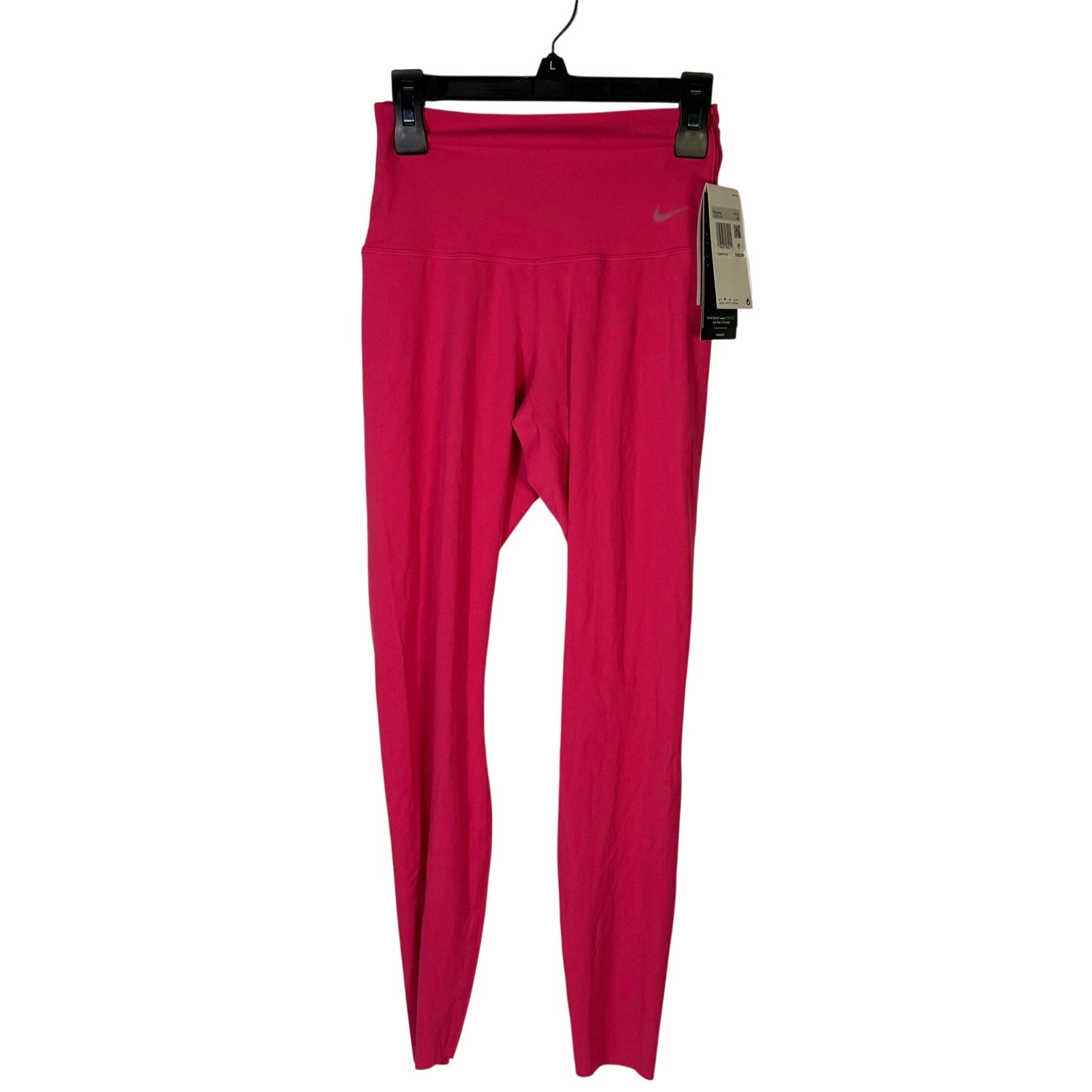 Nike women's high-rise leggings in hot pink fuchsia, full length, size small, with a smooth, stretchy fabric and Nike logo detail.
