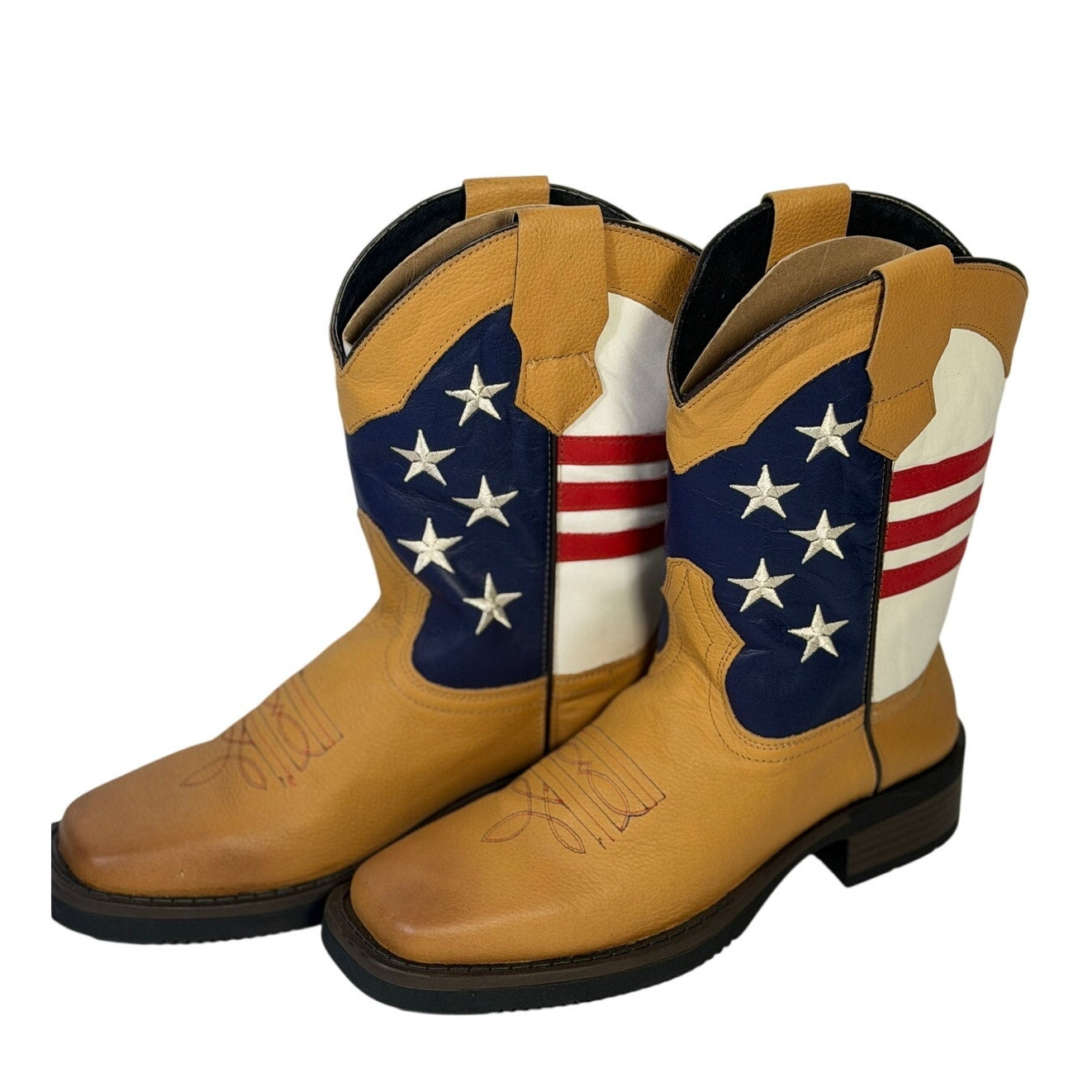 Tan leather cowboy boots by J.B. Dillon featuring an American flag patriotic design for youth size 5.5 M.