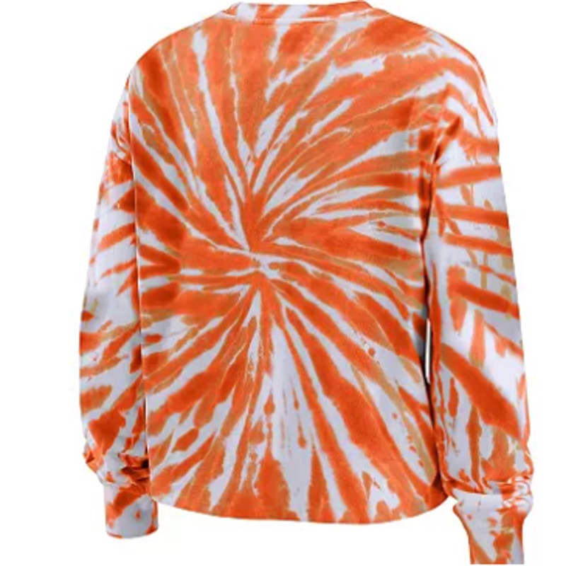 Women's orange tie-dye Clemson Tigers long sleeve T-shirt by Wear by Erin Andrews, 2XL size, casual sportswear for fans.