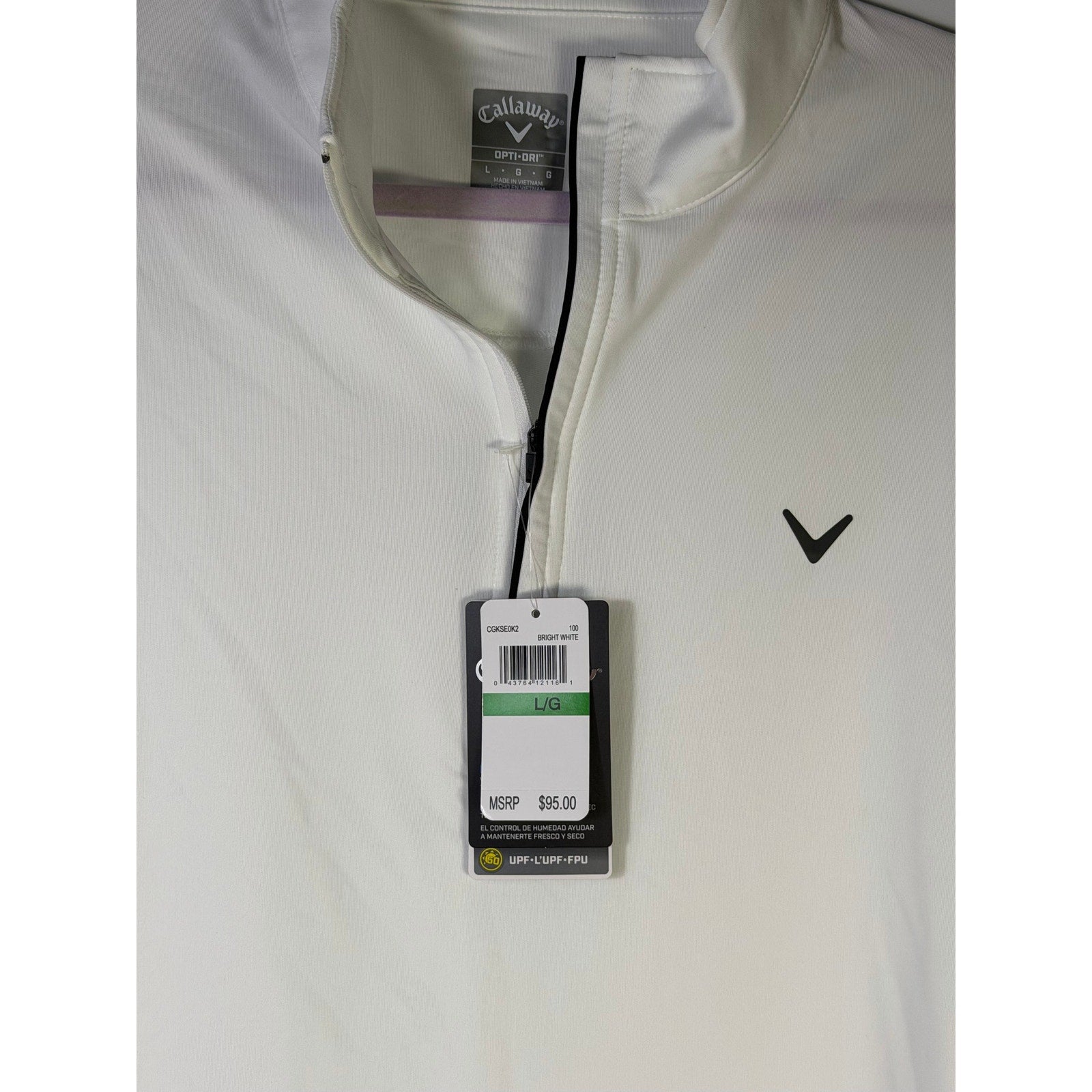 Callaway women's white Opti-Dri quarter zip golf sweatshirt, size large, displayed on a hanger with a clean background.
