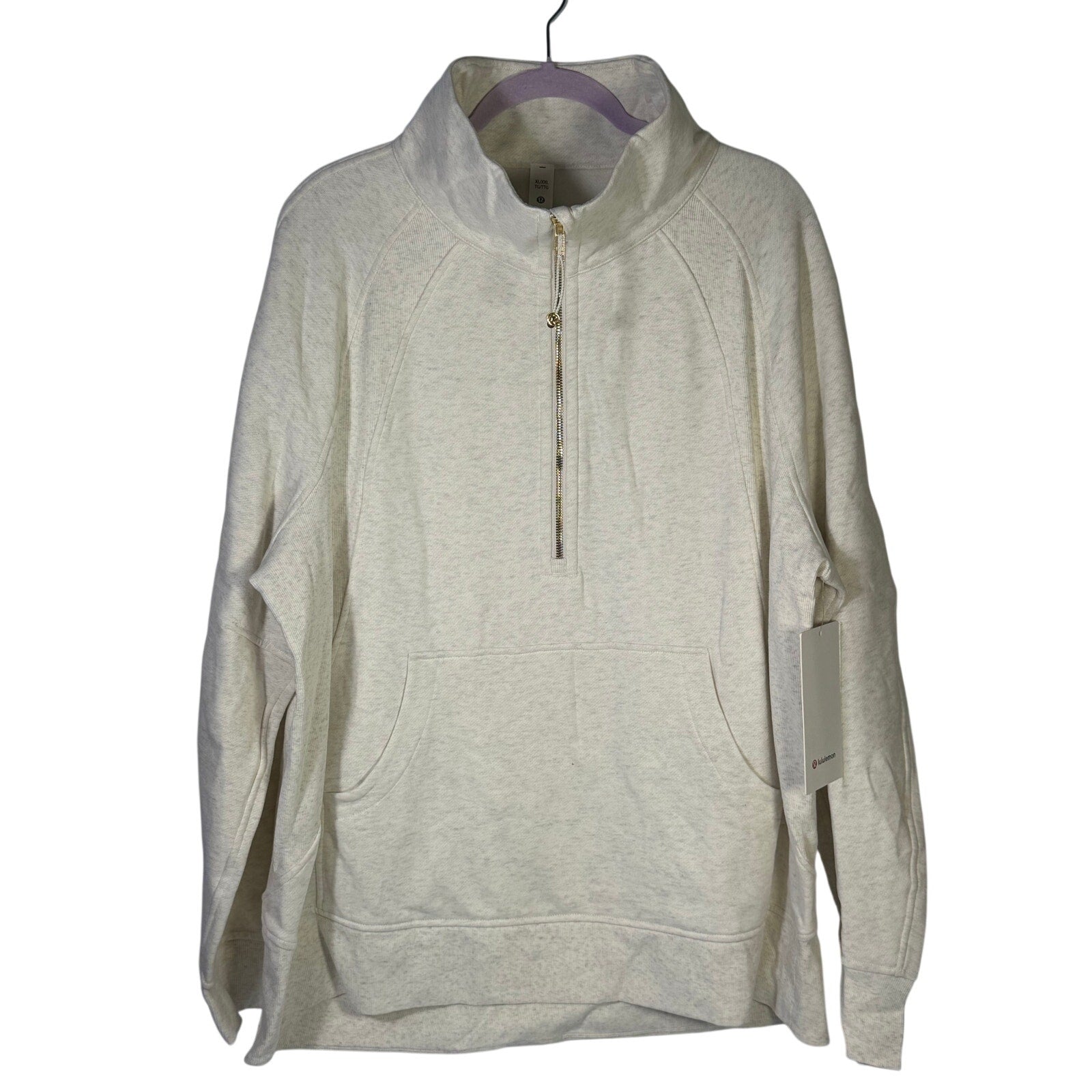 Lululemon women's heathered gray scuba oversized sweatshirt with funnel neck and half-zip front, size XL/XXL