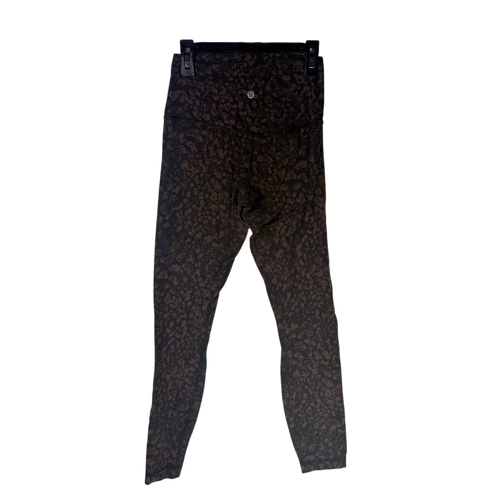 Lululemon Women’s Align high-rise leggings in brown and black camo, 25-inch length, size 4, shown flat on a white background.
