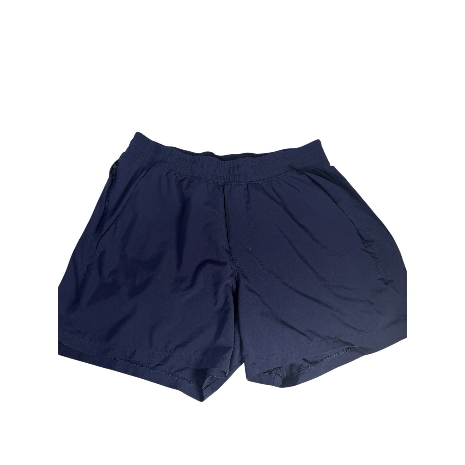 Lululemon men's navy blue athletic running shorts, size M, lightweight breathable fabric, with elastic waistband and side pockets.