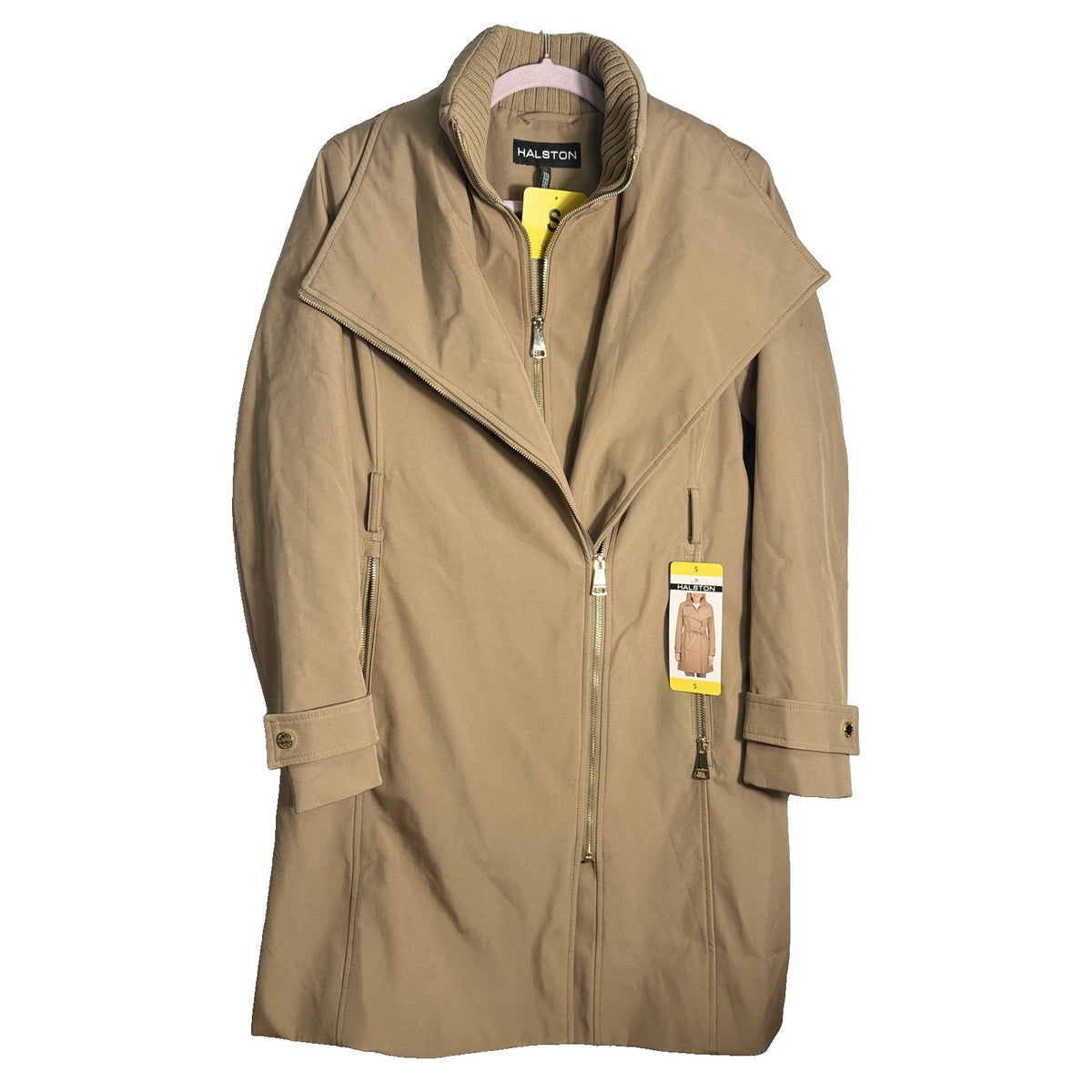 Halston women's camel soft shell coat with asymmetric zip, knit collar bib, and small size, shown on a hanger.