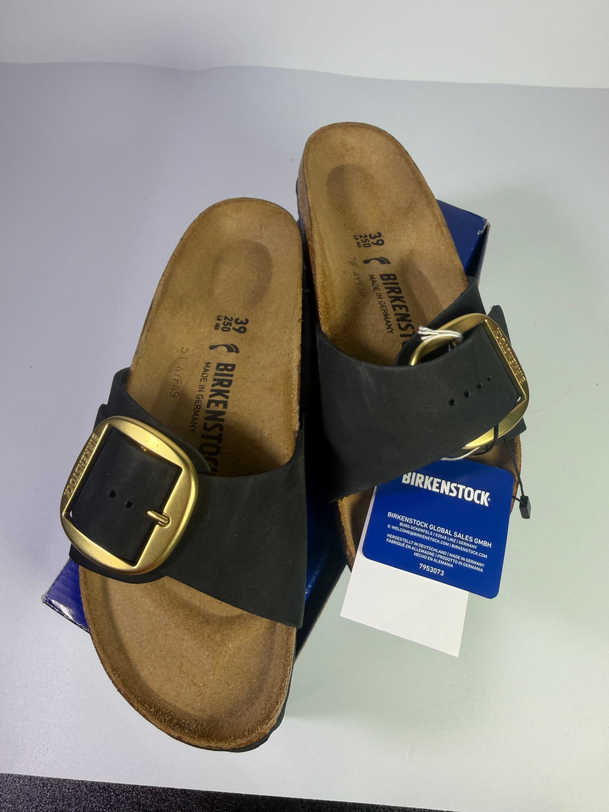 Birkenstock Madrid Big Buckle Sandals in black for women, US size 8, featuring a stylish large buckle and comfortable design.