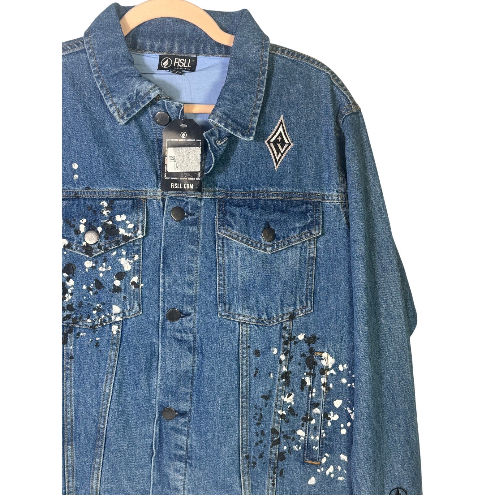 FISLL Las Vegas Aces Wilson denim jacket, unisex medium size, with team logo, front view, new with tags.