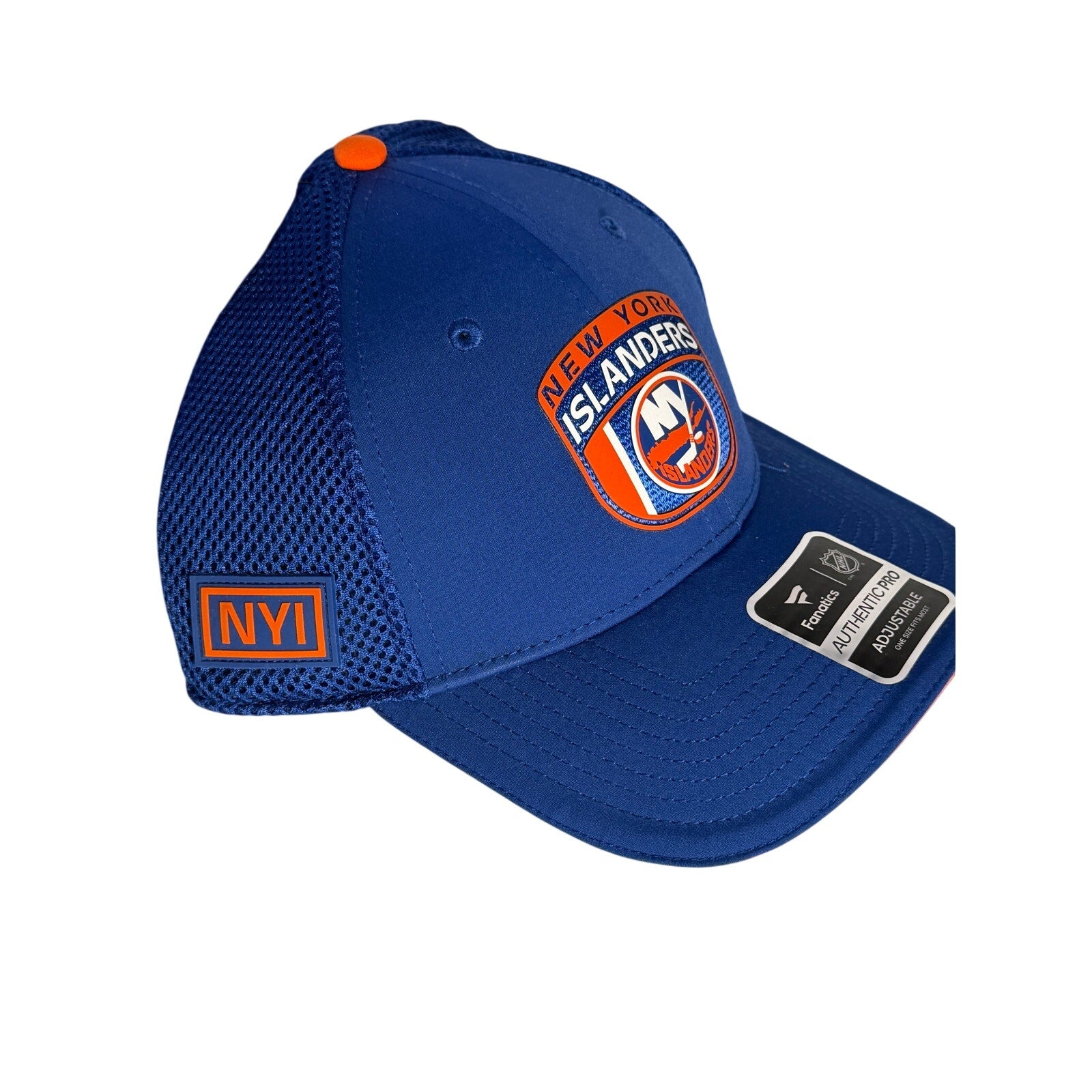 Fanatics New York Islanders authentic blue adjustable mesh hat with embroidered logo and structured crown.