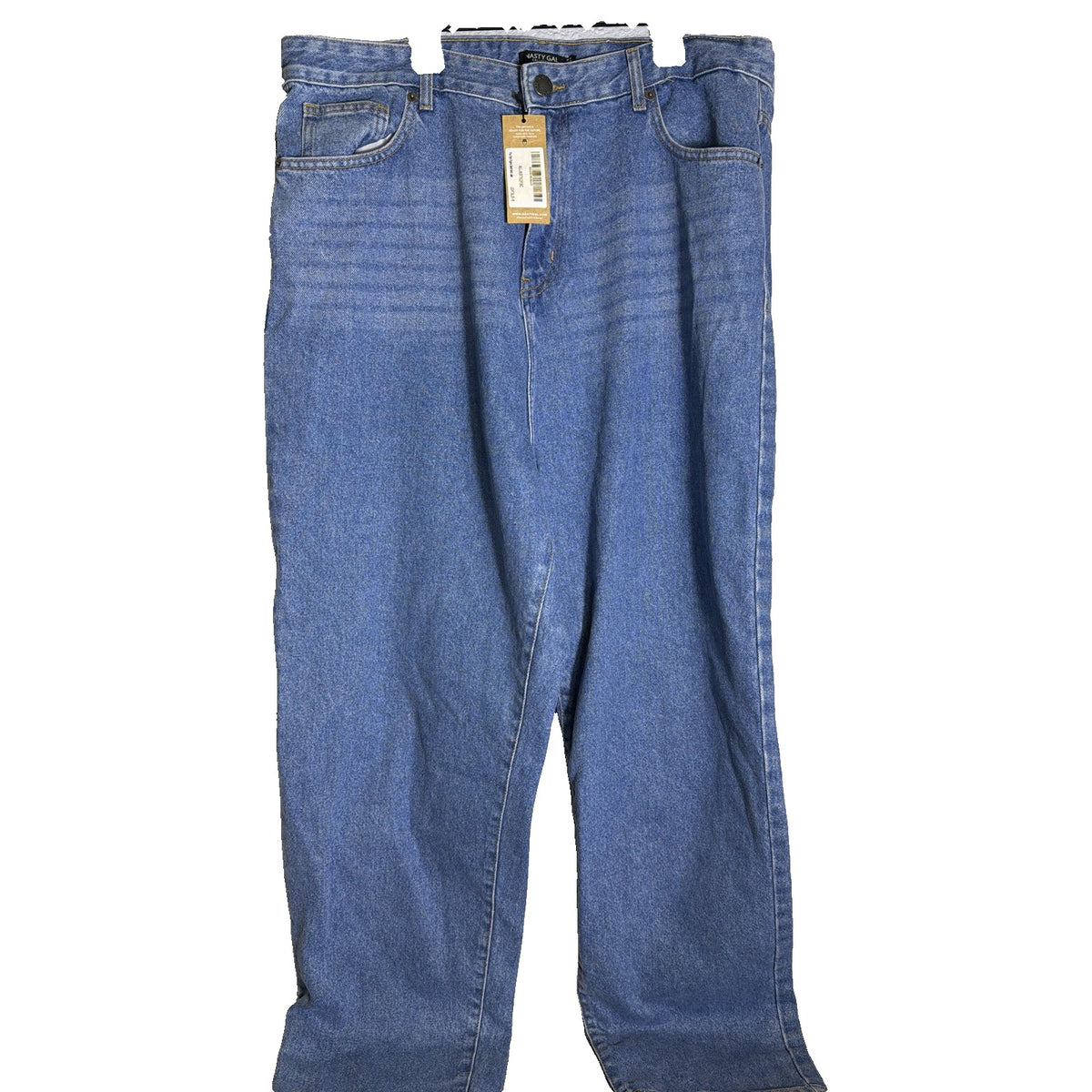 Light blue Nasty Gal organic denim mom jeans, women's plus size 14, shown on model with relaxed fit and classic jean styling.
