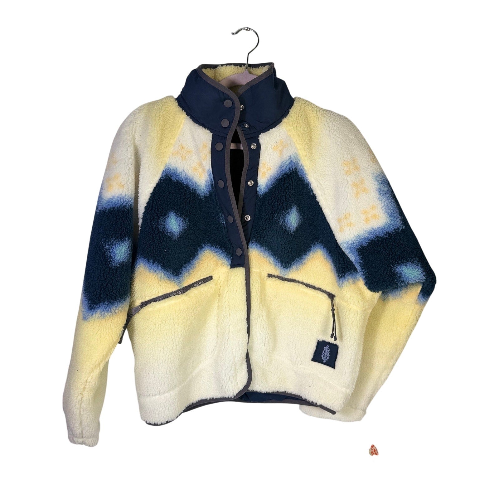 Free People women’s Soft Glow Sun combo fleece jacket in yellow and blue, size small, showing front view with vibrant colors.
