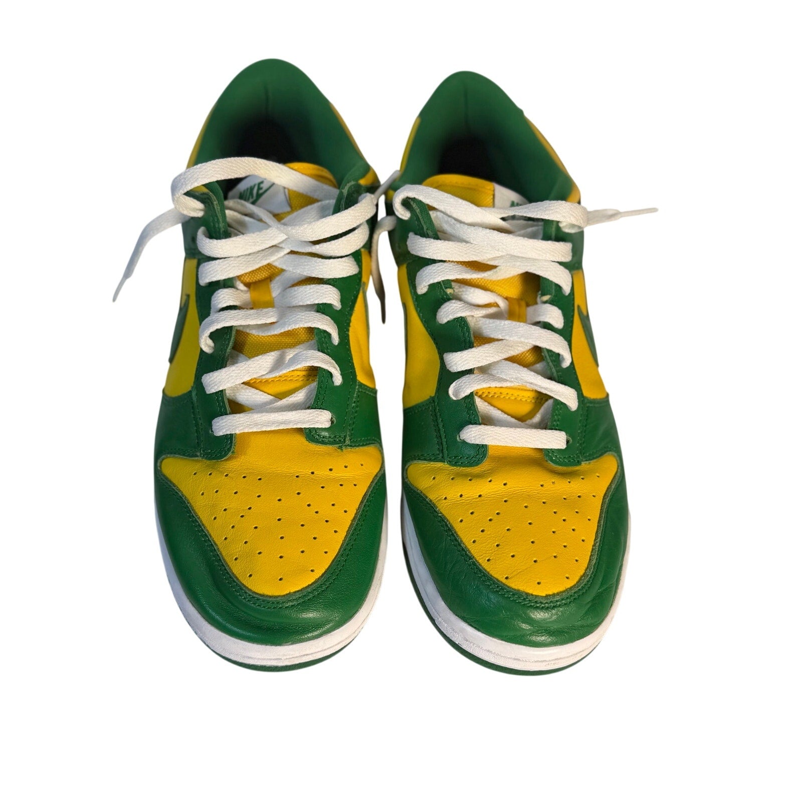 Nike Dunk Low Brazil green and yellow leather sneakers for men, US size 11, showing the side view of the stylish sneakers.