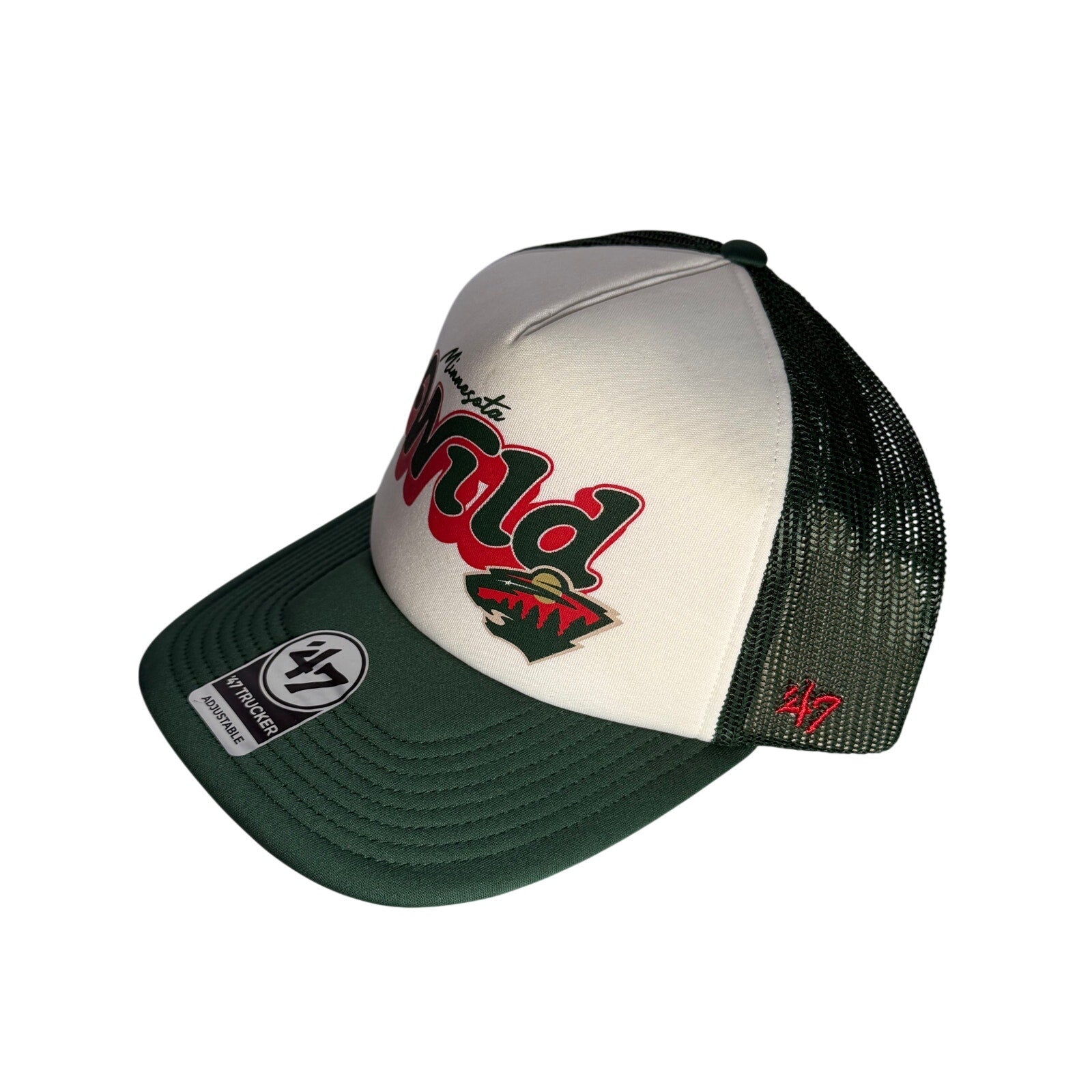 Green and white 47 Brand Minnesota Wild trucker hat with adjustable strap and NHL logo, adult size, front panel design visible.