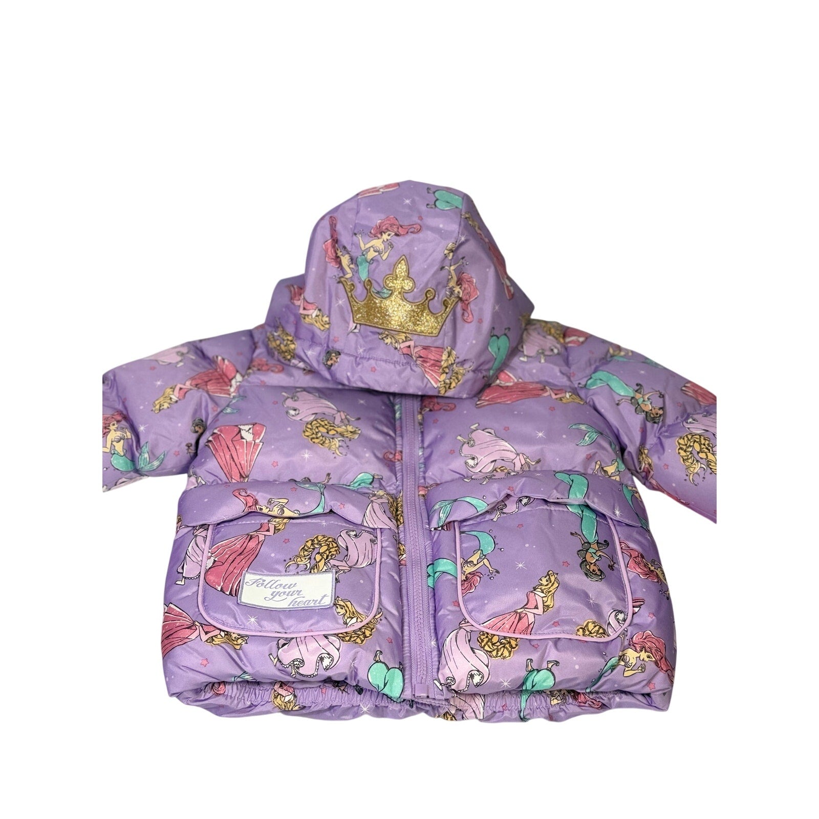 Disney Princess girls purple hooded puffer jacket, size 5T, featuring a quilted design and character print, new with tags.