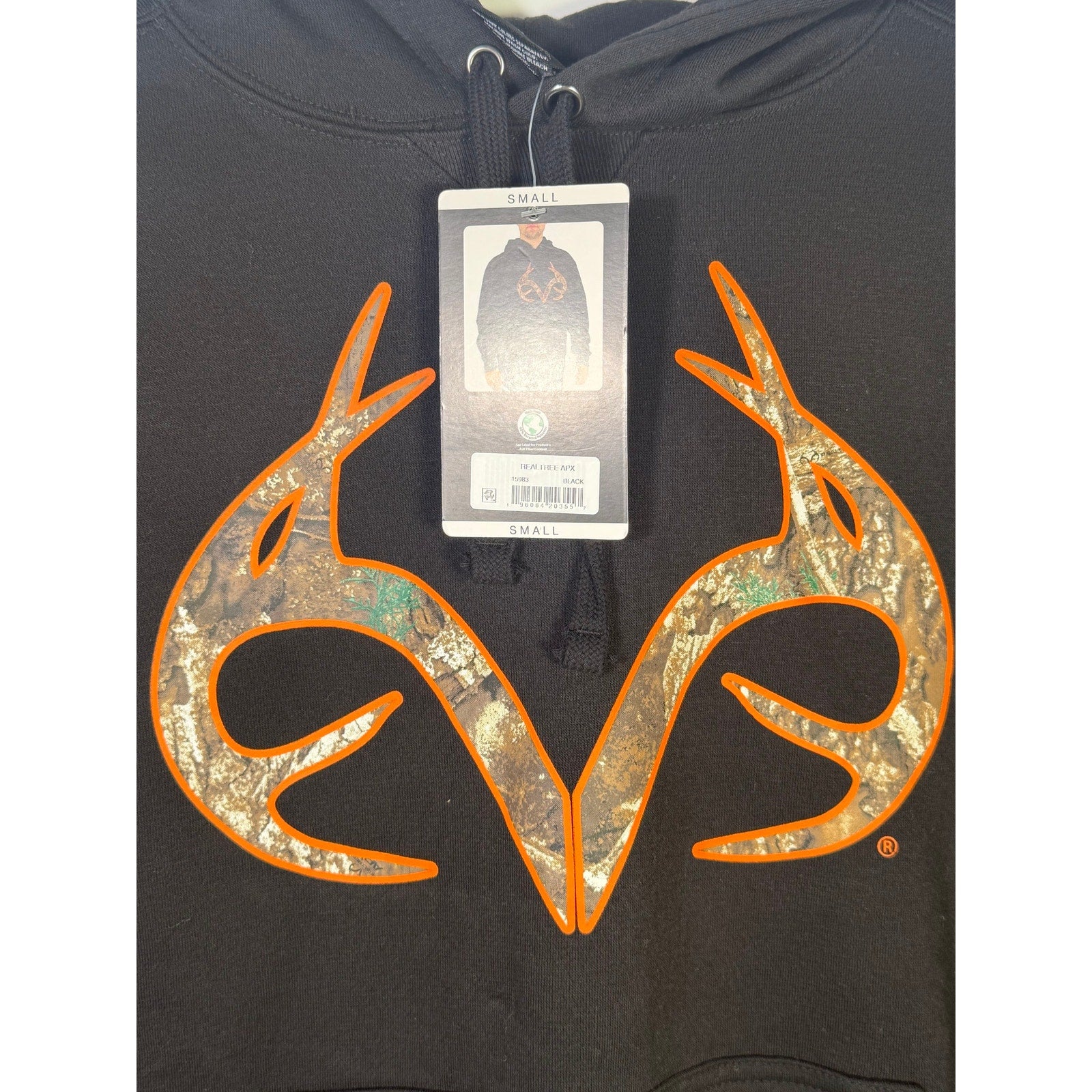 Realtree men's camo hoodie with antler logo in black and orange, size small, new with tags, casual pullover style.