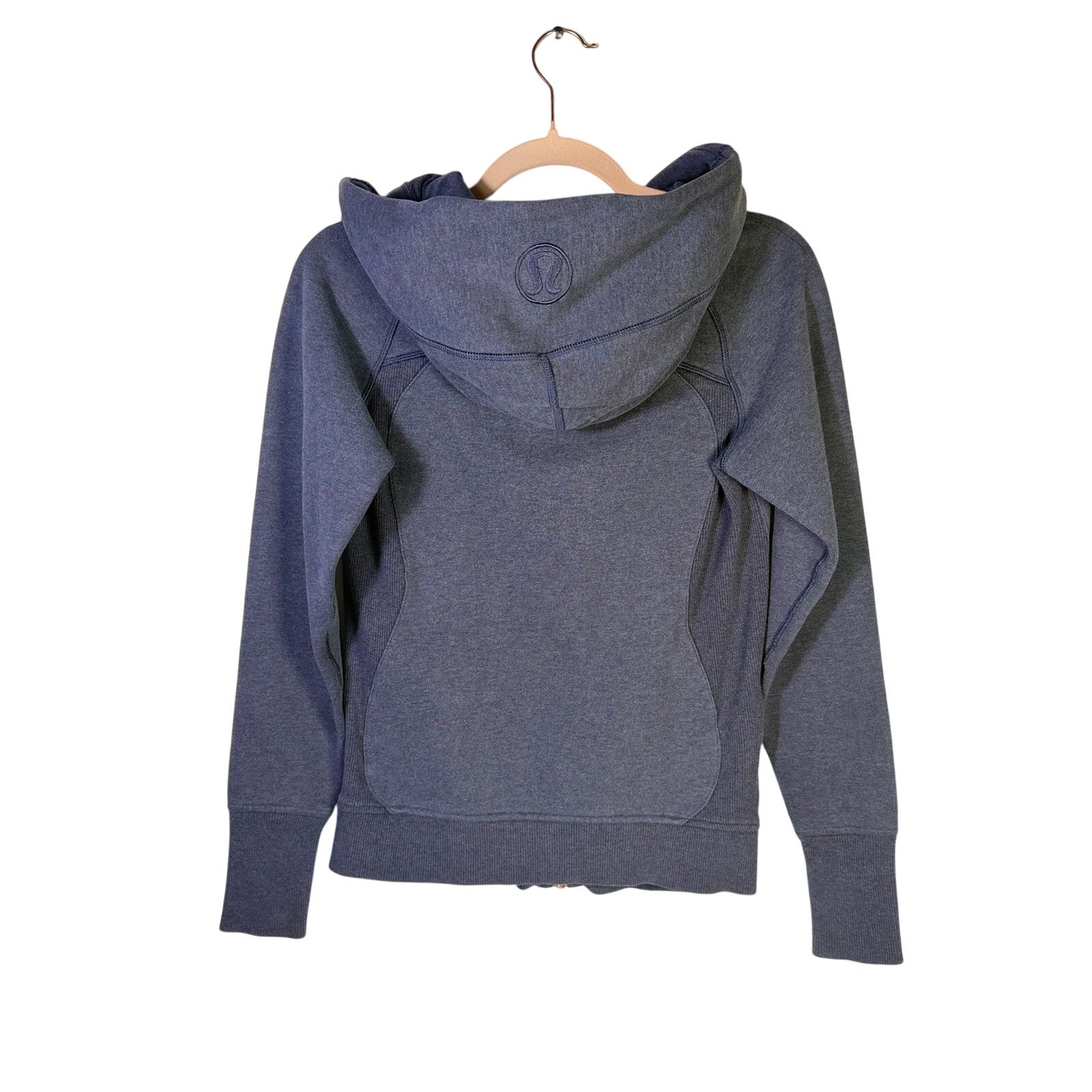 Lululemon women’s Heathered blue scuba full-zip hoodie, size 6, showing the front view with hood and zip detail.