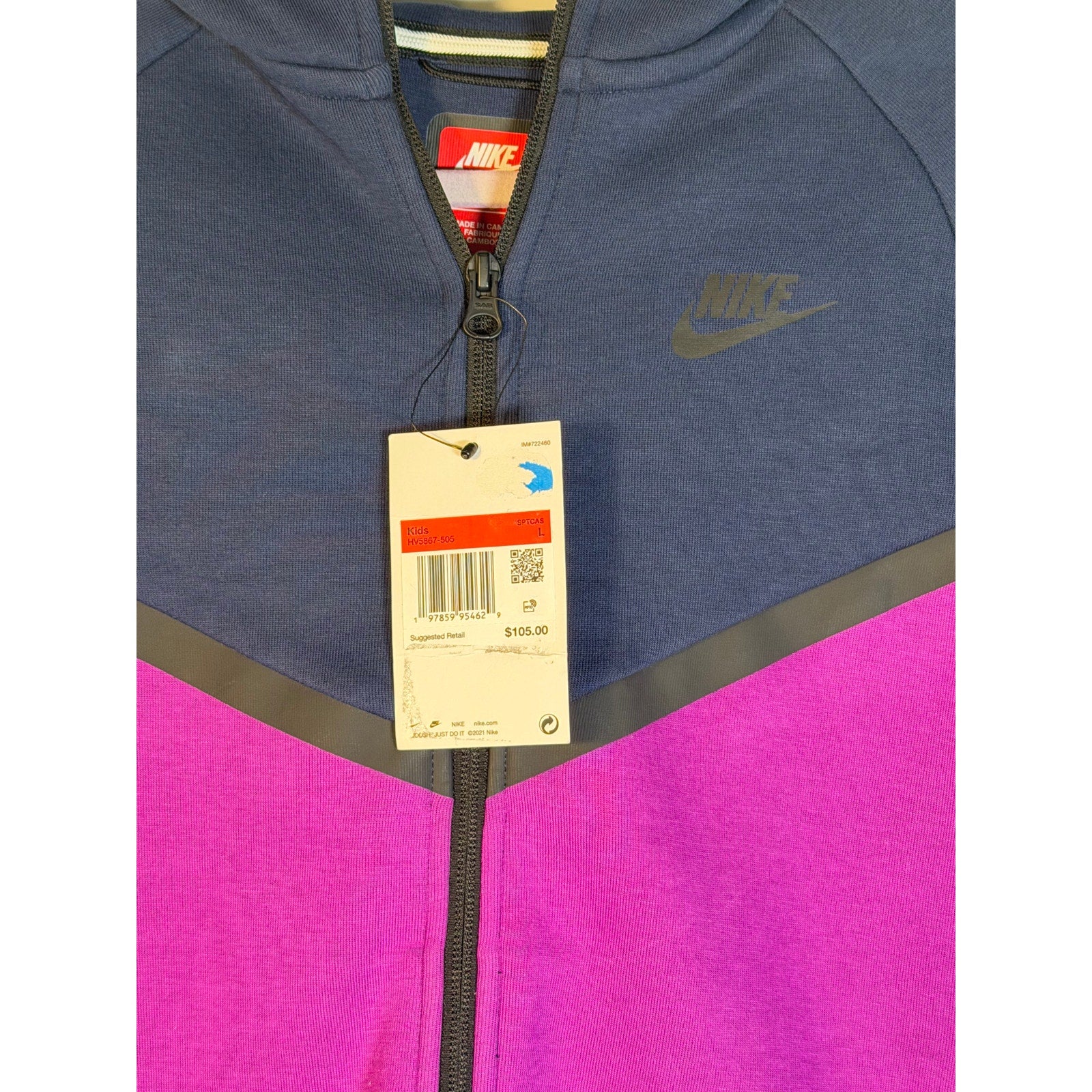 Nike Sportswear Tech Fleece hoodie for kids, full zip, large size, purple and blue, new with tags.