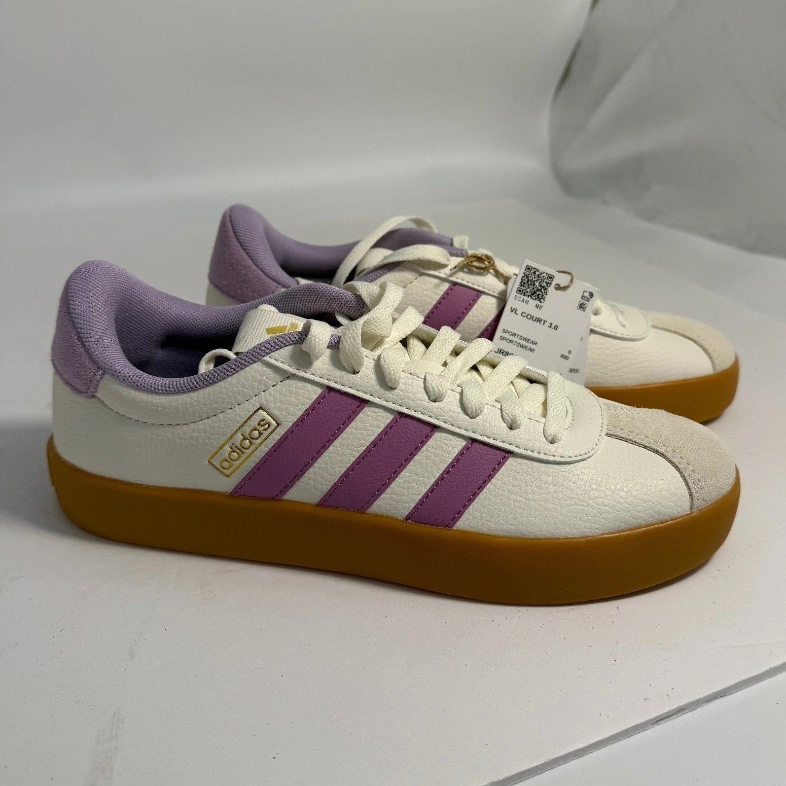NIB adidas VL Court 3.0 Women's 7.5 White Purple Gum Sneakers JR8661