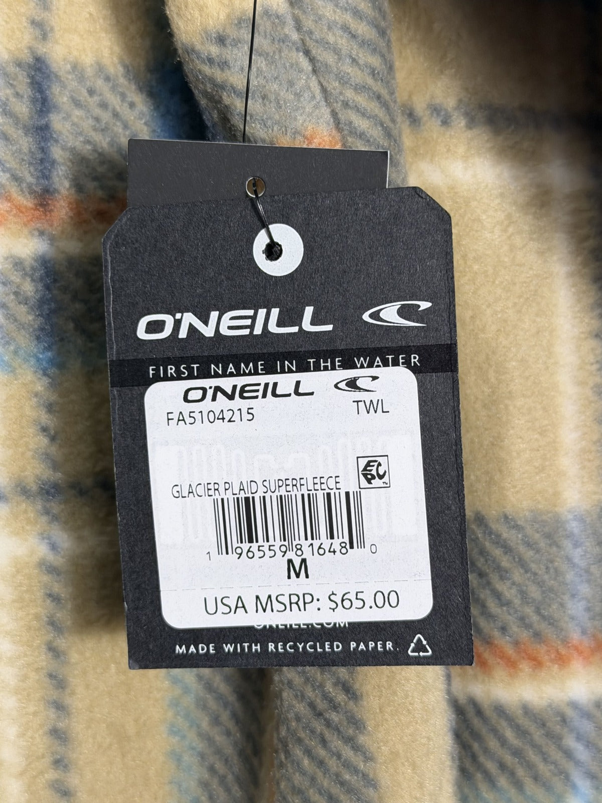 Men's O'Neill Glacier Plaid Superfleece Shirt Jacket in khaki and blue plaid, shown on a hanger.