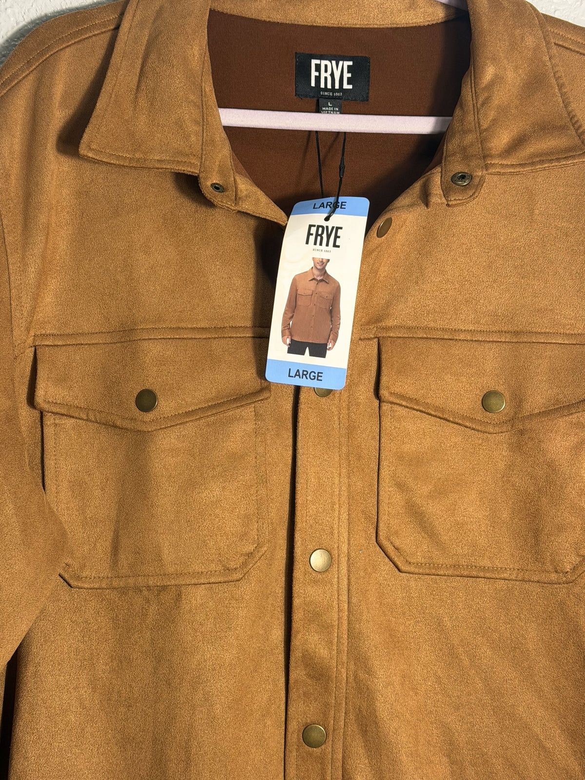 Frye men's faux suede snap button shirt jacket in camel tan, large size, showing front with snap buttons and collar detail.