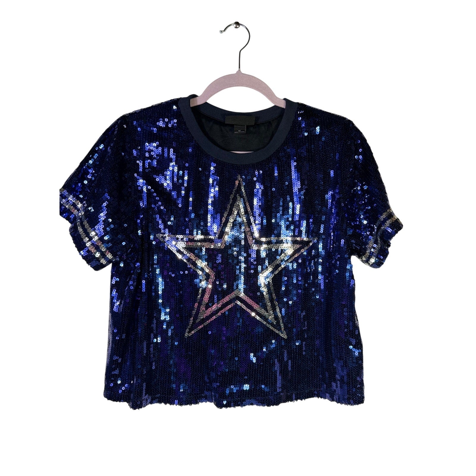 Women's navy blue T-shirt by The Wild Collective featuring Dallas Cowboys sequin star design, in medium size.