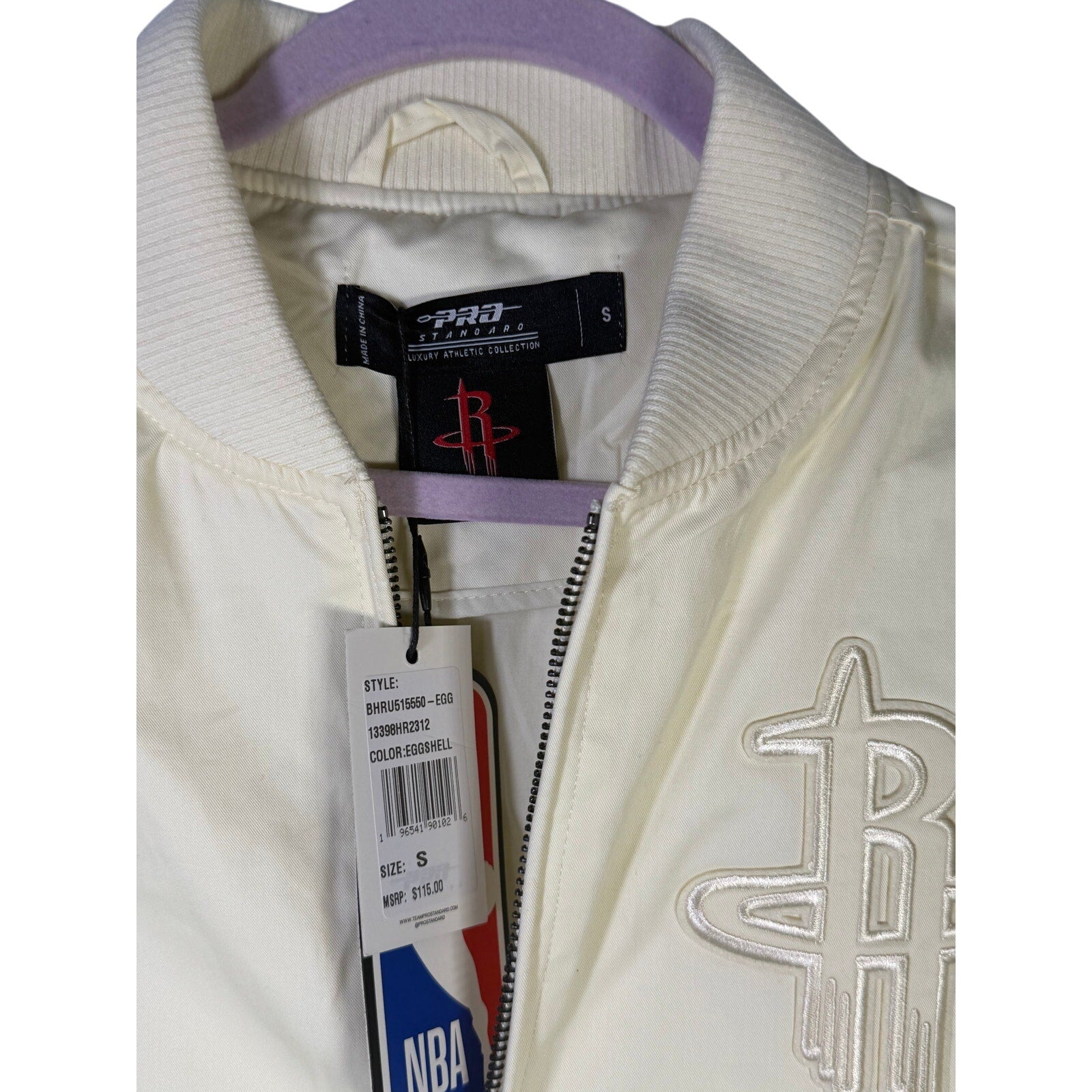 Pro Standard women’s Houston Rockets cream bomber jacket, size small, front view showing stylish design and sporty look.