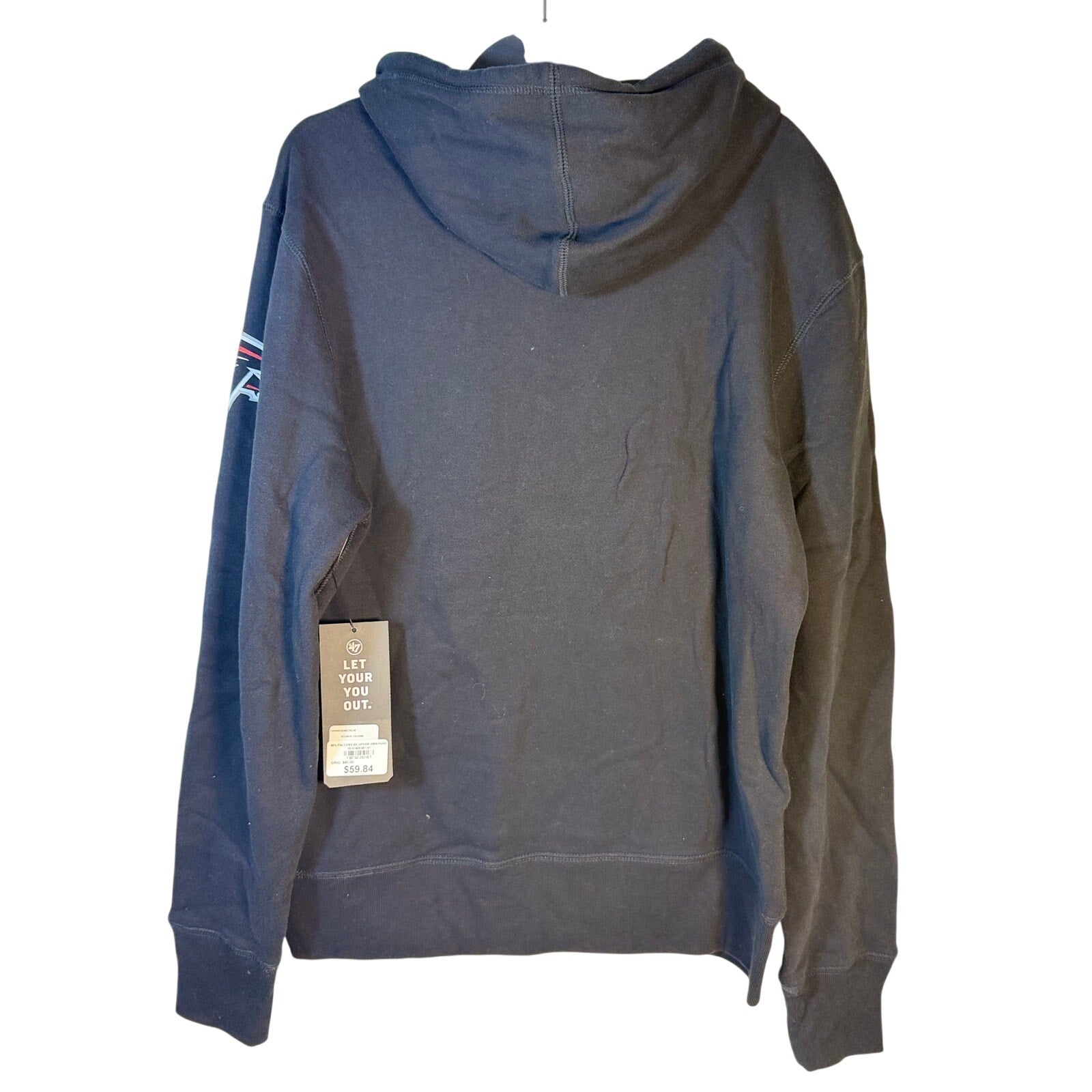 Black men's 47 Brand Atlanta Falcons hoodie, pullover fleece hoodie with Falcons logo, size small, NFL team apparel.