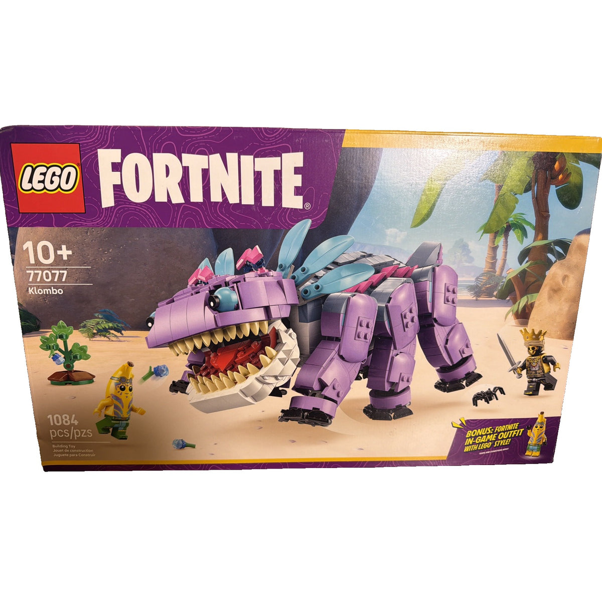 LEGO Fortnite Klombo building set with 1084 pieces, featuring colorful LEGO bricks and detailed Klombo figure in sealed box