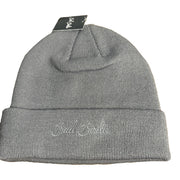 Gray Bad Birdie knit beanie with cuffed design and embroidered script logo, one size, soft and warm winter hat.