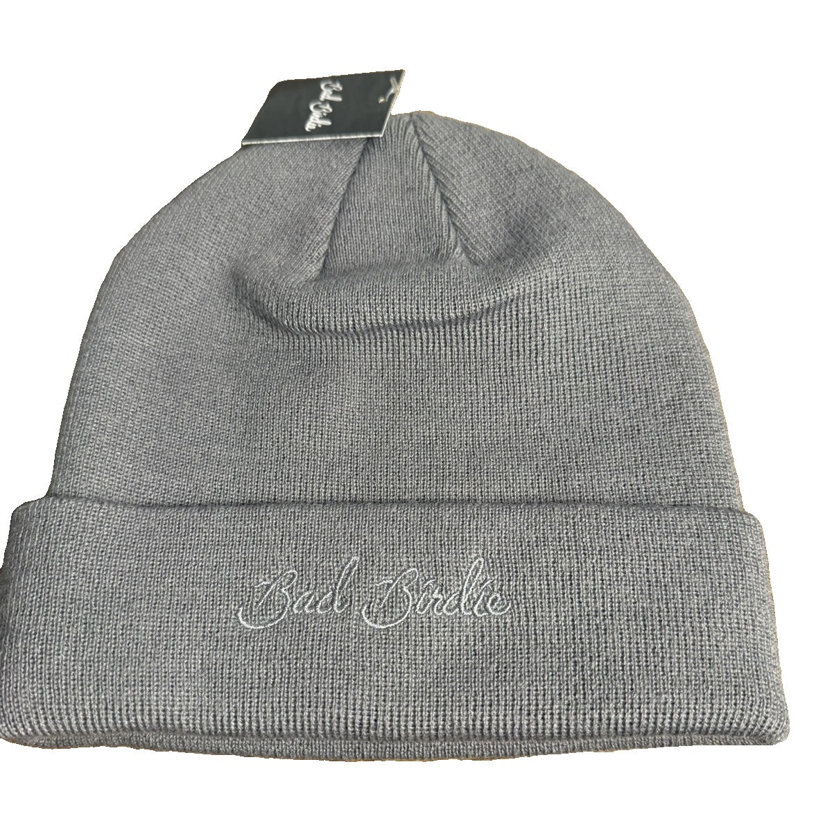 Gray Bad Birdie knit beanie with cuffed design and embroidered script logo, one size, soft and warm winter hat.