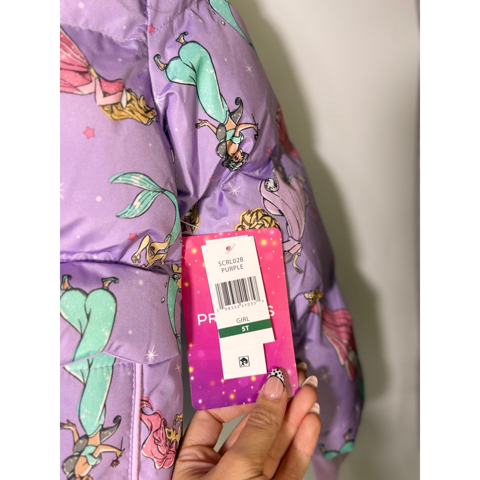 Disney Princess girls' purple hooded puffer jacket, size 5T, with quilted design and zip-up front, perfect for cold weather.