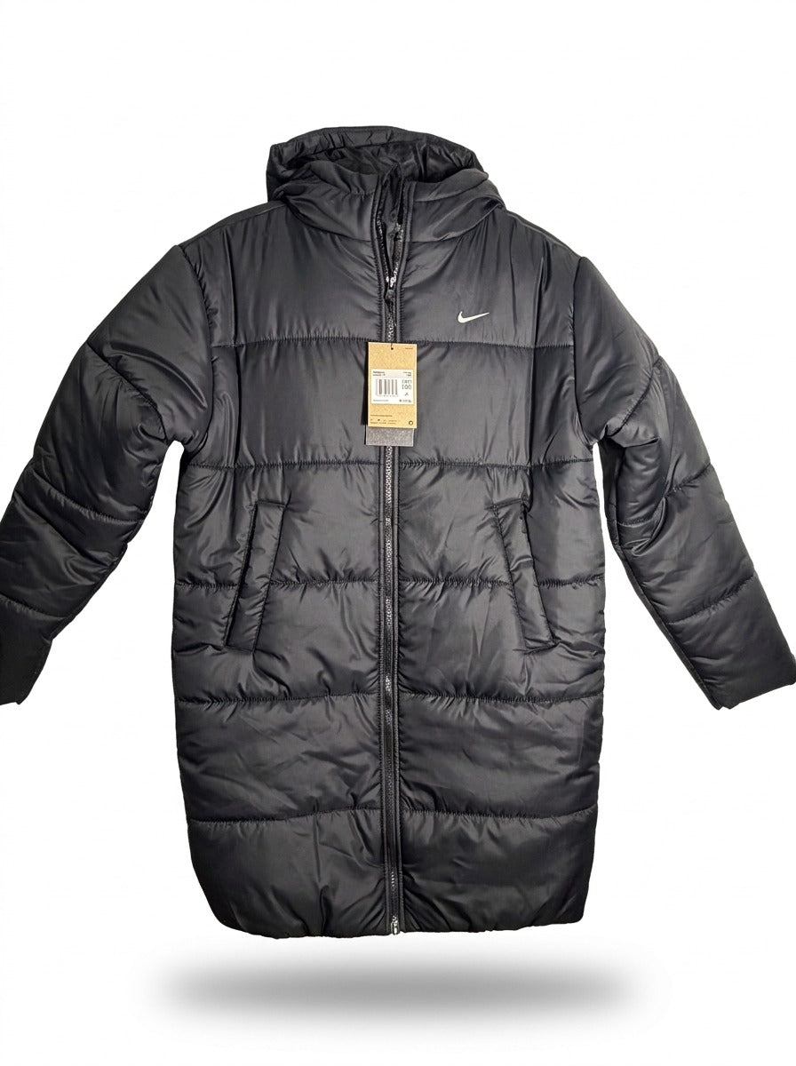 Nike Sportswear Classic Puffer Therma-FIT long hooded parka in black, women's XS, with insulated design and front zipper.
