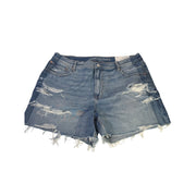American Eagle Strigid relaxed high-rise distressed denim shorts for women, size 14, featuring frayed edges and faded denim.